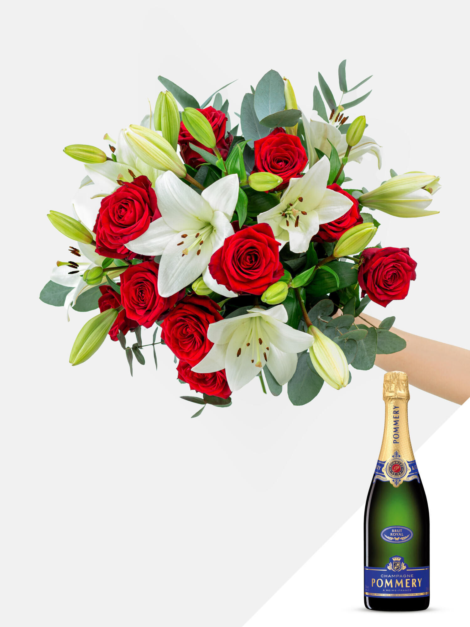 Für erlesene Momente mit Champagner - Hauptblüte: Lilien, Rosen - Hauptfarbe: Rot, Weiß