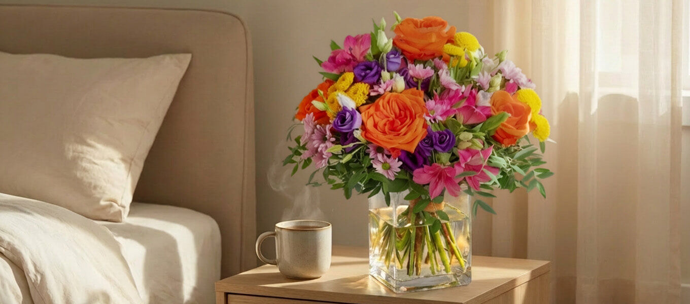 Bunter Blumenstrauß als Gute Besserung Geschenk neben einem Bett mit Tee – liebevolle Genesungsüberraschung