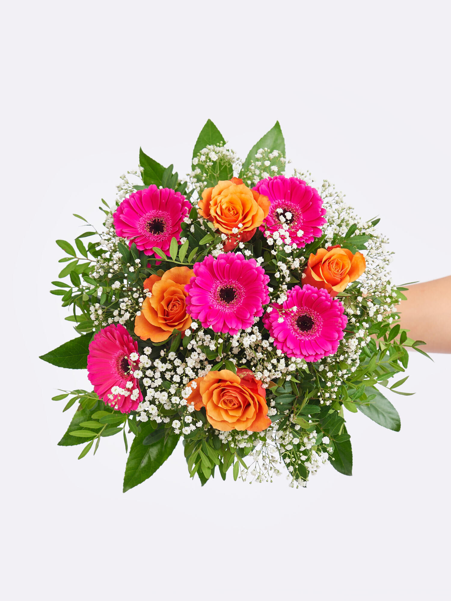 Strauß der Woche - Hauptblüte: Germini, Rosen - Hauptfarbe: Orange, Pink