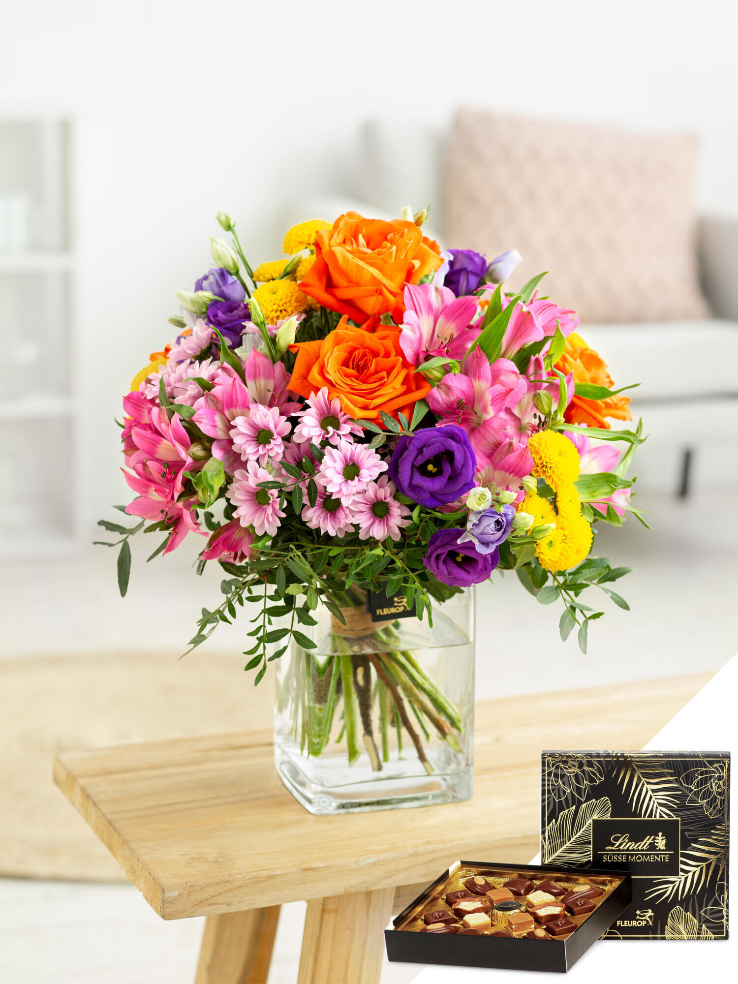 Sweet Birthday - Hauptblüte: Alstromerien, Rosen - Hauptfarbe: Bunt, Gelb, Orange, Pink, Violett