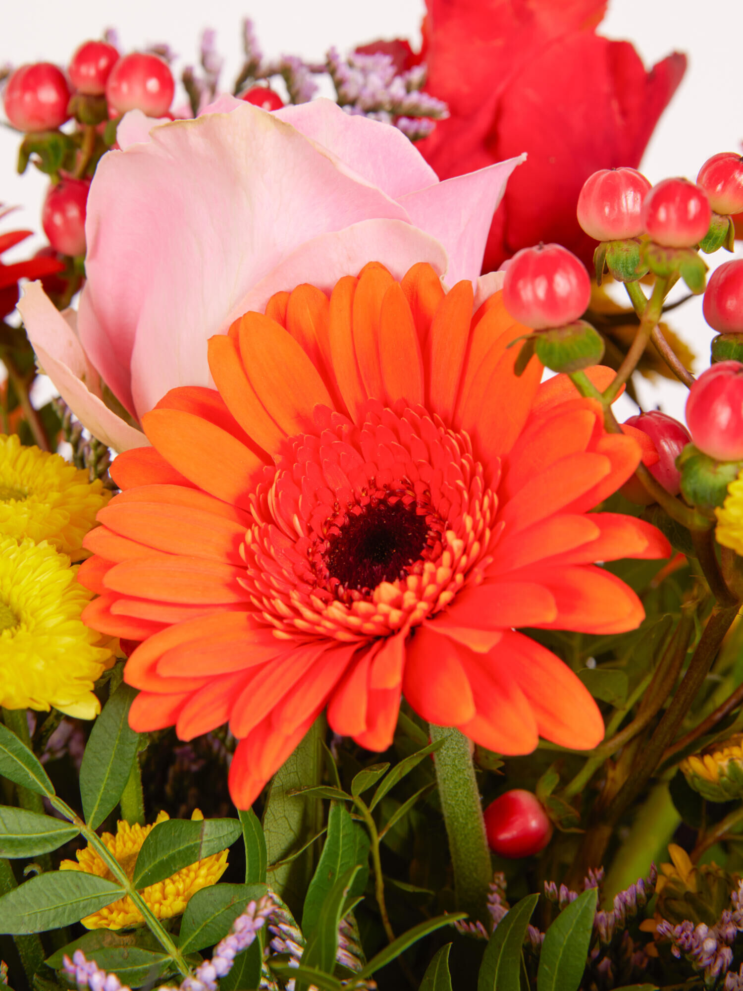 Geburtstagsgruß - Hauptblüte: Eustoma, Germini, Rosen - Hauptfarbe: Bunt