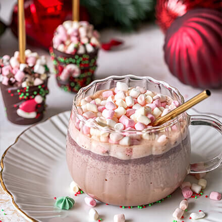 Heiße Schokolade mit geschmolzener Schokolade und Mini-Marshmallows, serviert in einer durchsichtigen Tasse mit goldenem Strohhalm.