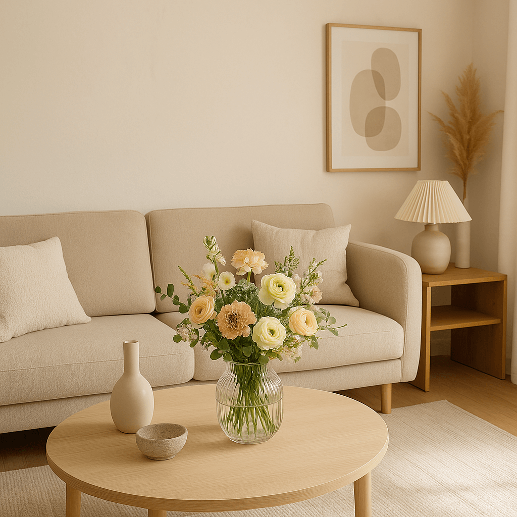 Minimalistisch eingerichtetes Wohnzimmer in weichen Naturtönen mit beige-grauem Sofa, runder Holzplatte und zartem Blumenstrauß – Soft Minimalism zum Wohlfühlen.