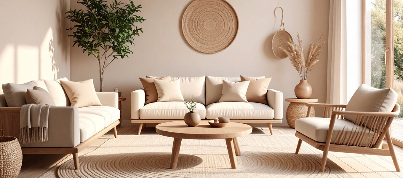Helles Wohnzimmer im Stil des Soft Minimalism mit beigen Sofas, Naturmaterialien, runder Holzdekoration an der Wand und viel Tageslicht – harmonische Einrichtung mit ruhiger Farbpalette und natürlichen Akzenten.