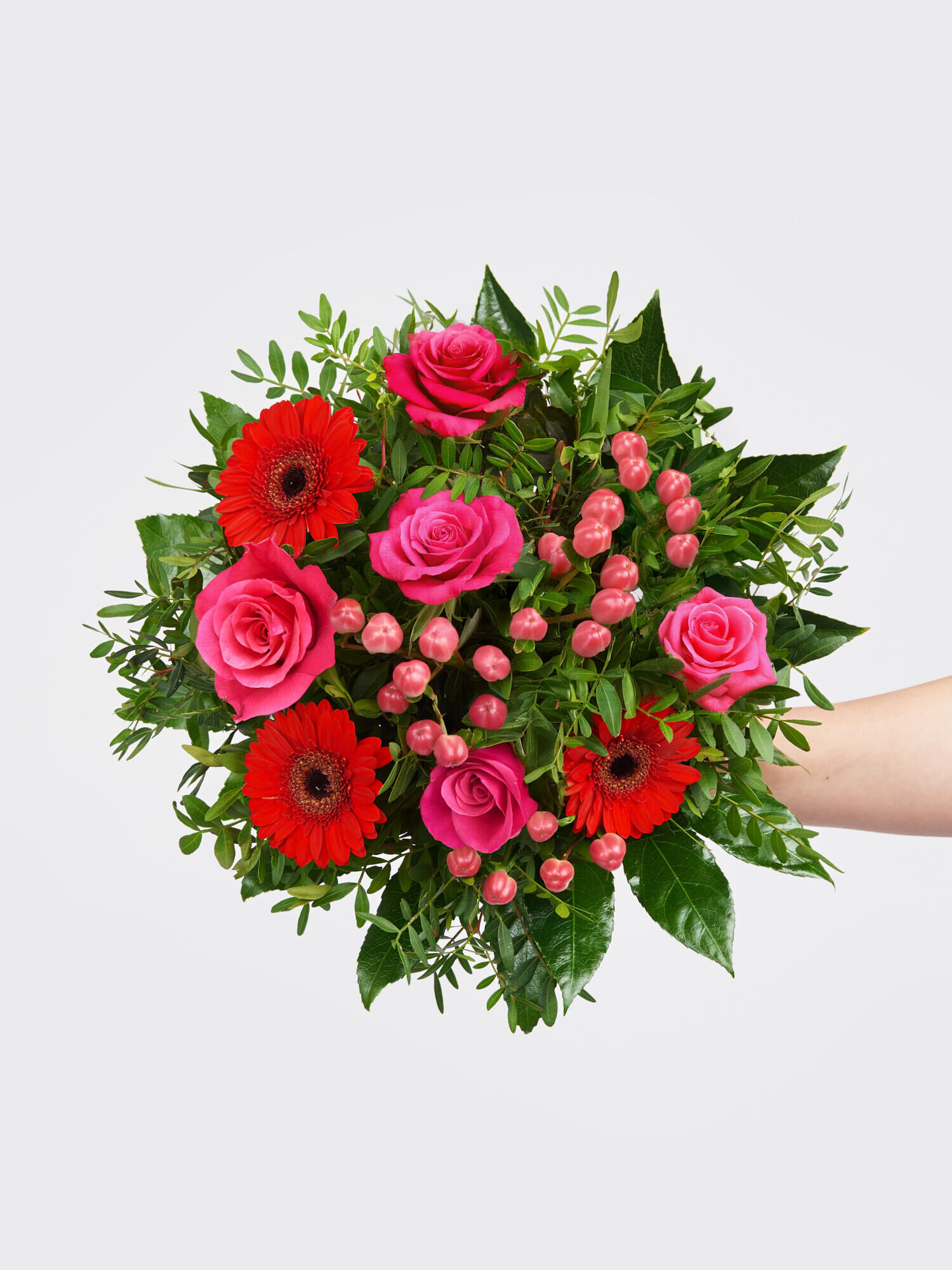 Strauß der Woche - Hauptblüte: Germini, Rosen - Hauptfarbe: Pink, Rot