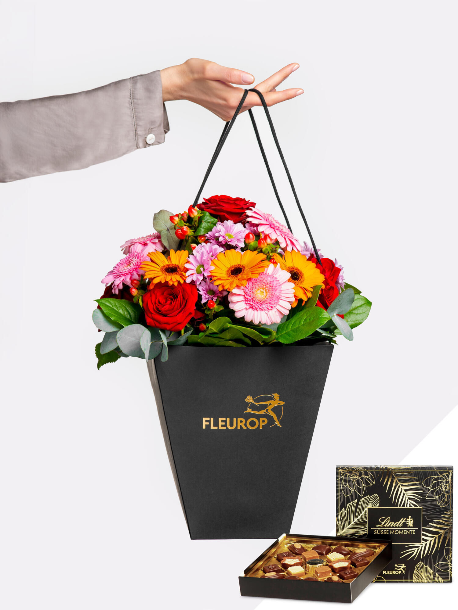 Süße Wertschätzung - Hauptblüte: Chrysanthemen, Germini, Rosen - Hauptfarbe: Orange, Rosa, Rot