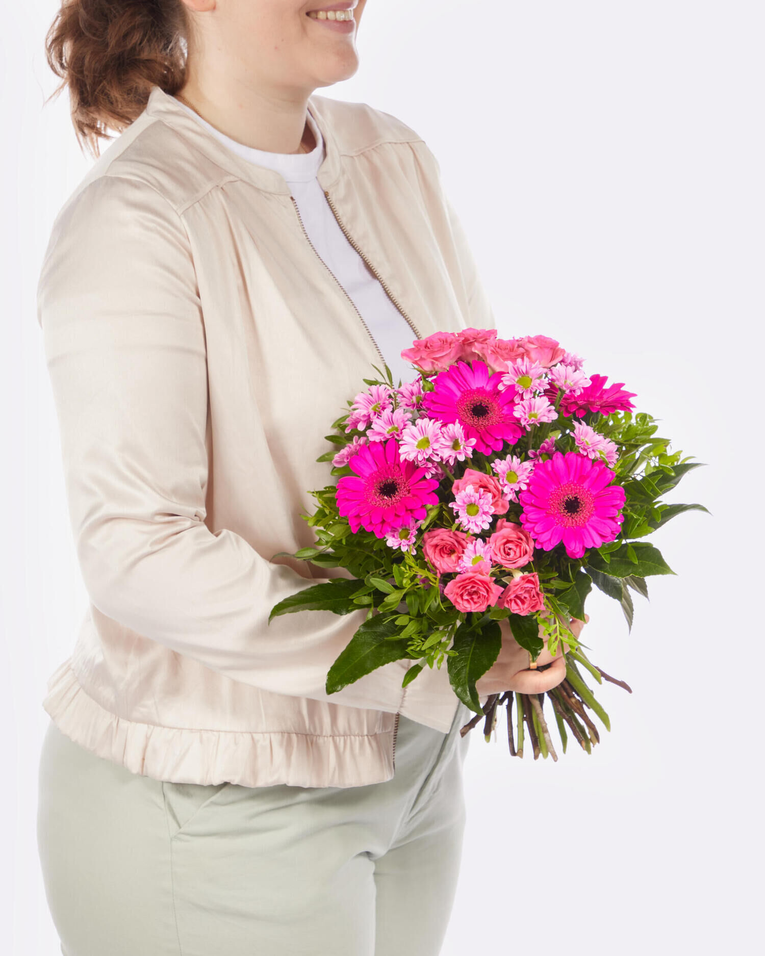 Strauß der Woche - Hauptblüte: Chrysanthemen, Germini, Rosen - Hauptfarbe: Pink, Rosa