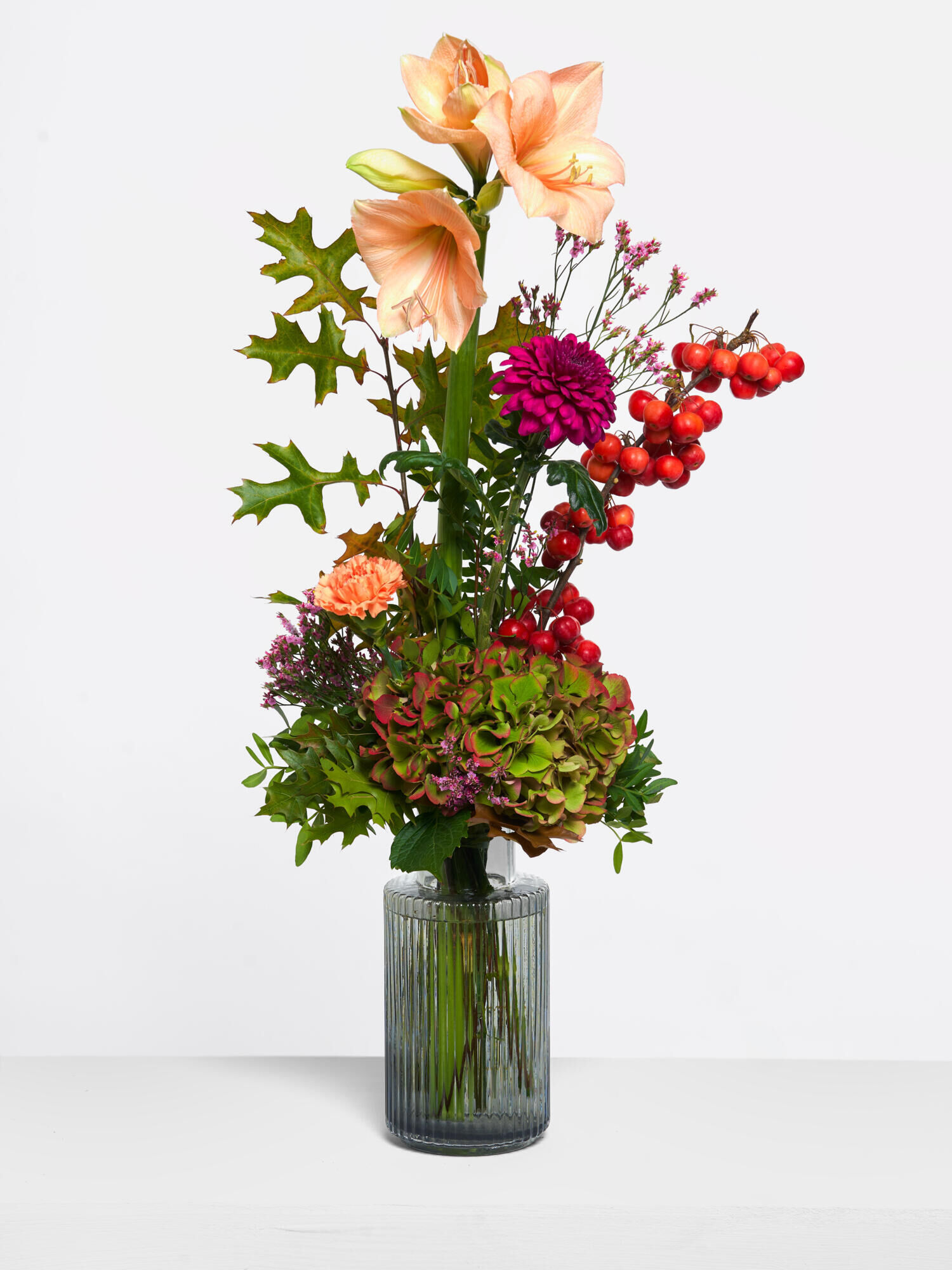 Festive Flower Greeting - Main Colors: APRICOT, PURPLE - Main Flowers: AMARYLLIS, CARNATIONS, CHRYSANTHEMA, HYDRANGEA
