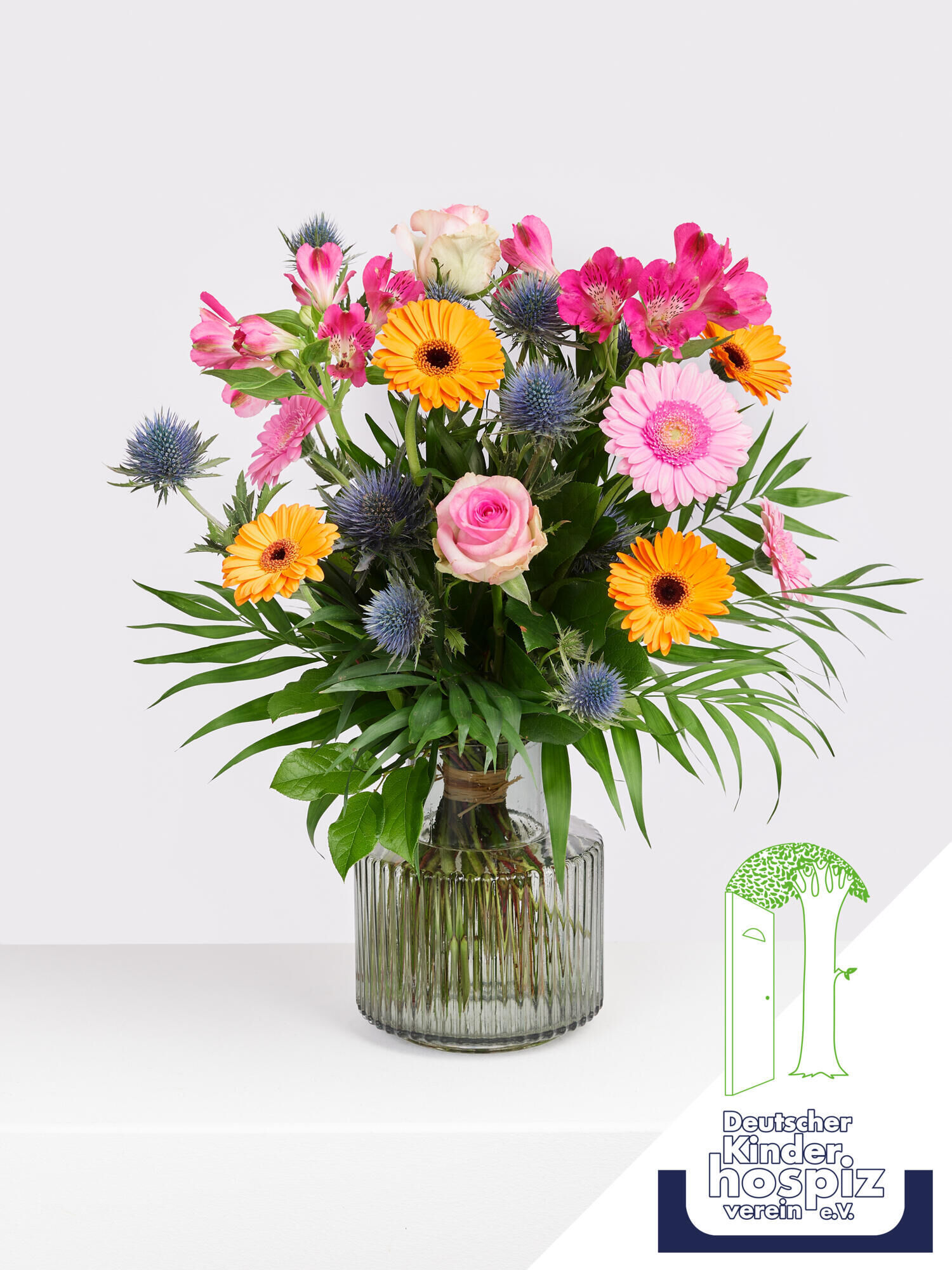 Charity Strauß - Hauptblüte: Alstromerien, Germini, Rosen - Hauptfarbe: Blau, Orange, Pink, Rosa