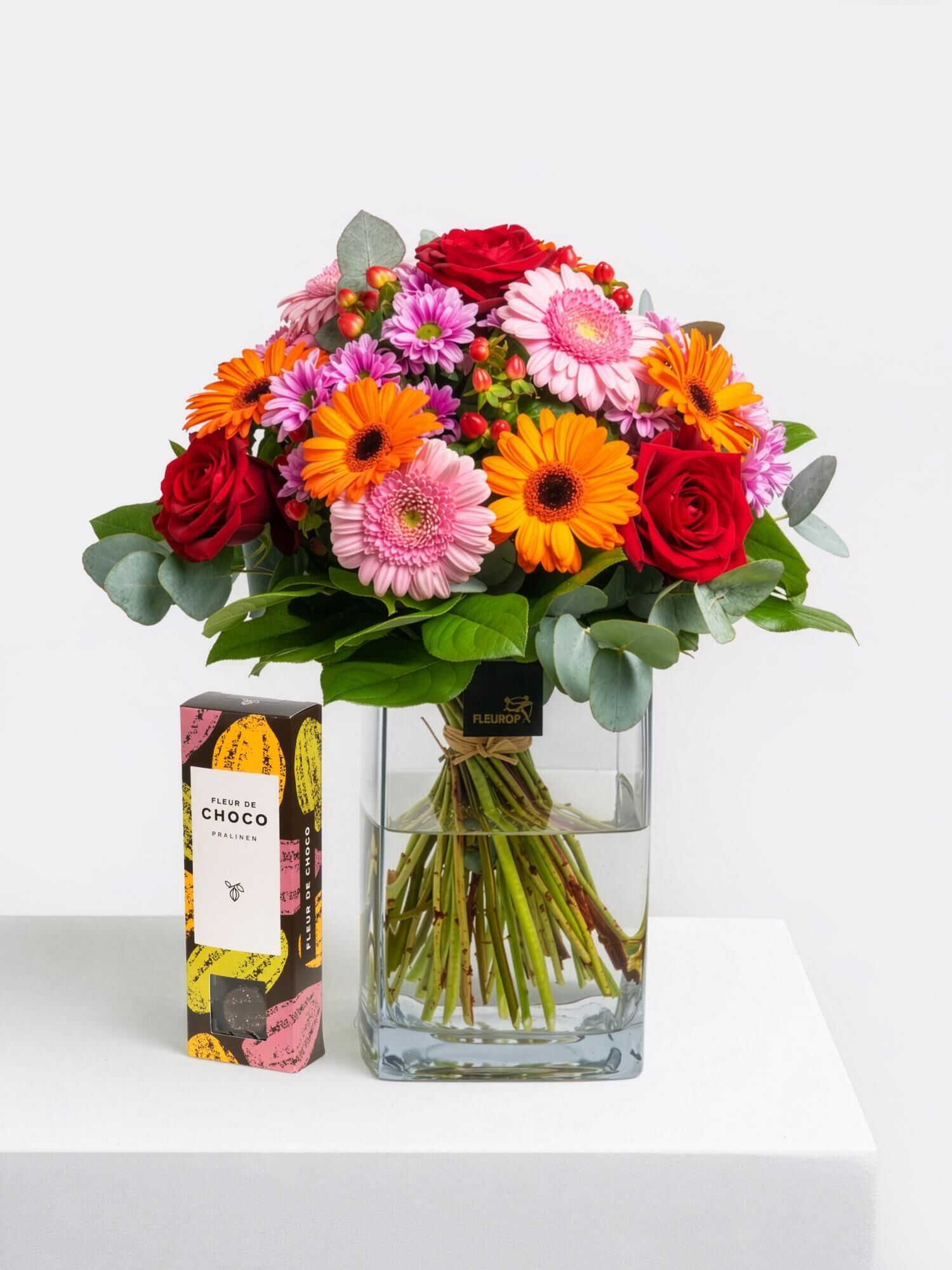 1000 Wünsche mit Fleur de Choco - Hauptblüte: Chrysanthemen, Germini, Rosen - Hauptfarbe: Orange, Rosa, Rot