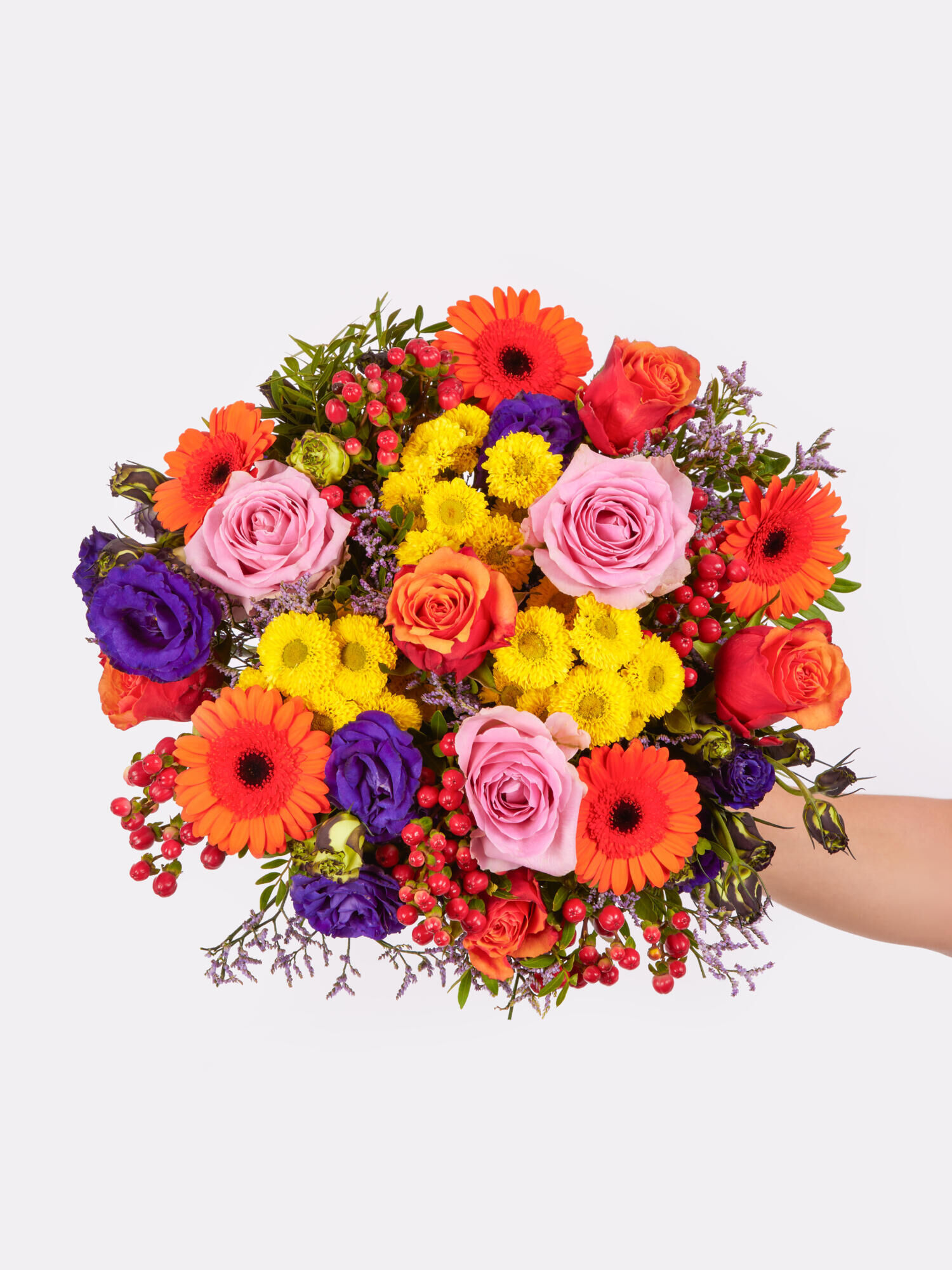 Geburtstagsgruß - Hauptblüte: Eustoma, Germini, Rosen - Hauptfarbe: Bunt