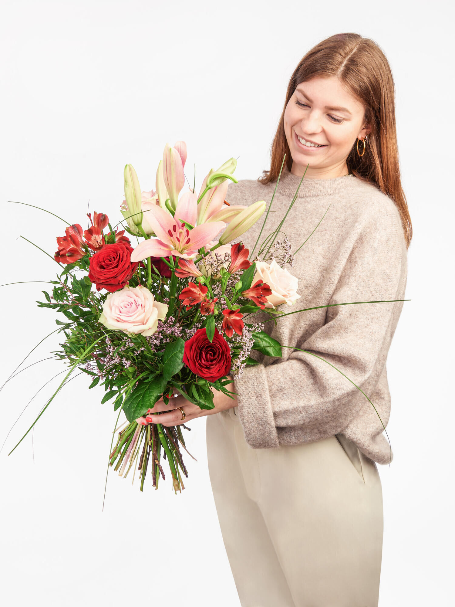 Für immer zusammen - Hauptblüte: Alstromerien, Rosen - Hauptfarbe: Pink, Rosa, Rot