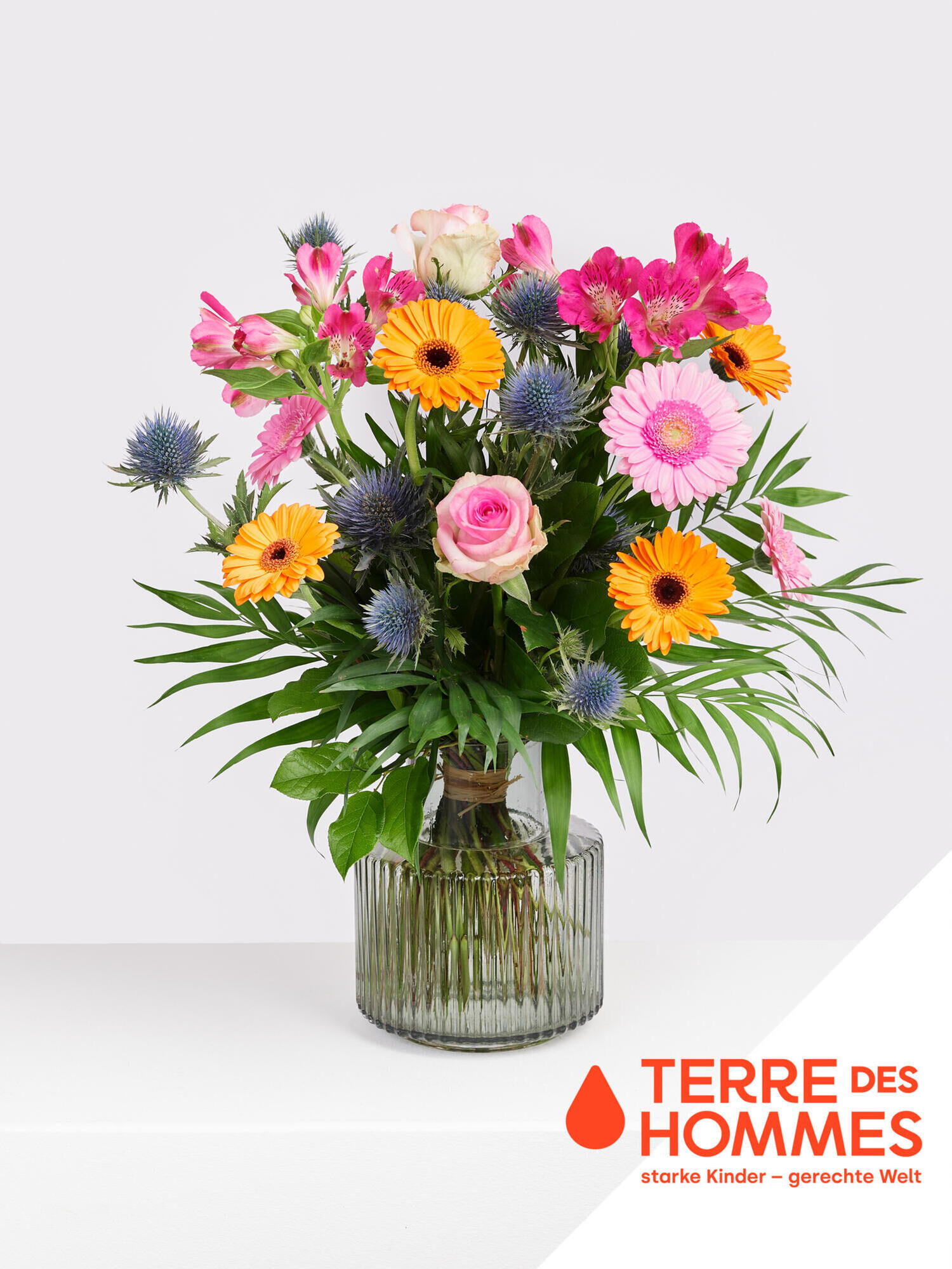 Charity Strauß - Hauptblüte: Alstromerien, Germini, Rosen - Hauptfarbe: Blau, Orange, Pink, Rosa