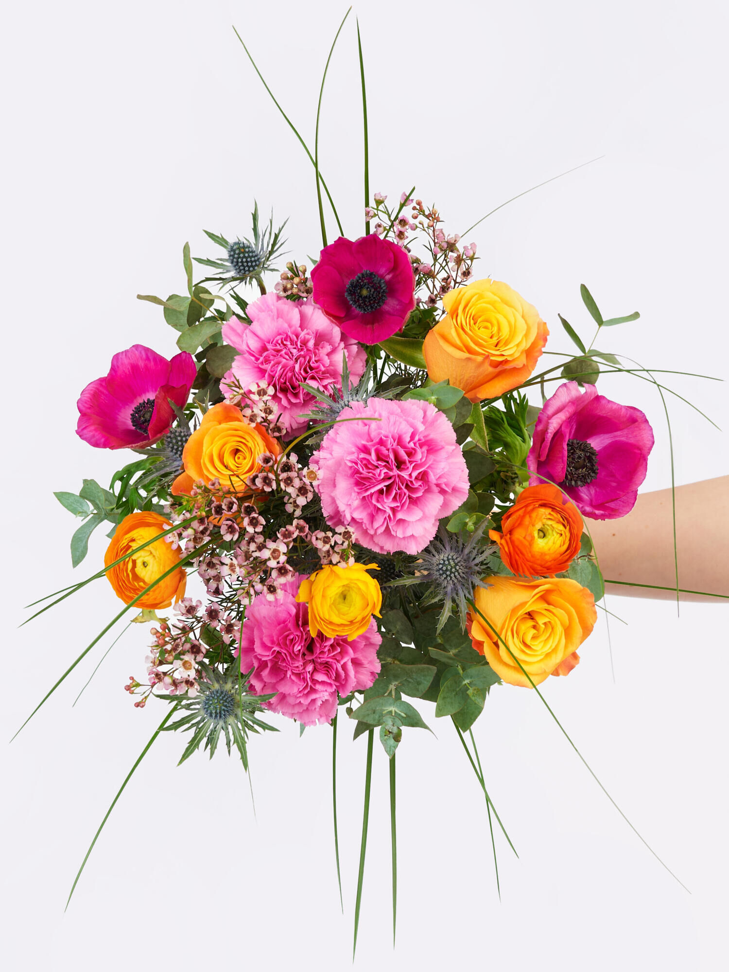 Magie des Frühlings - Hauptblüte: Nelken, Ranunkeln, Rosen - Hauptfarbe: Orange, Pink, Violett