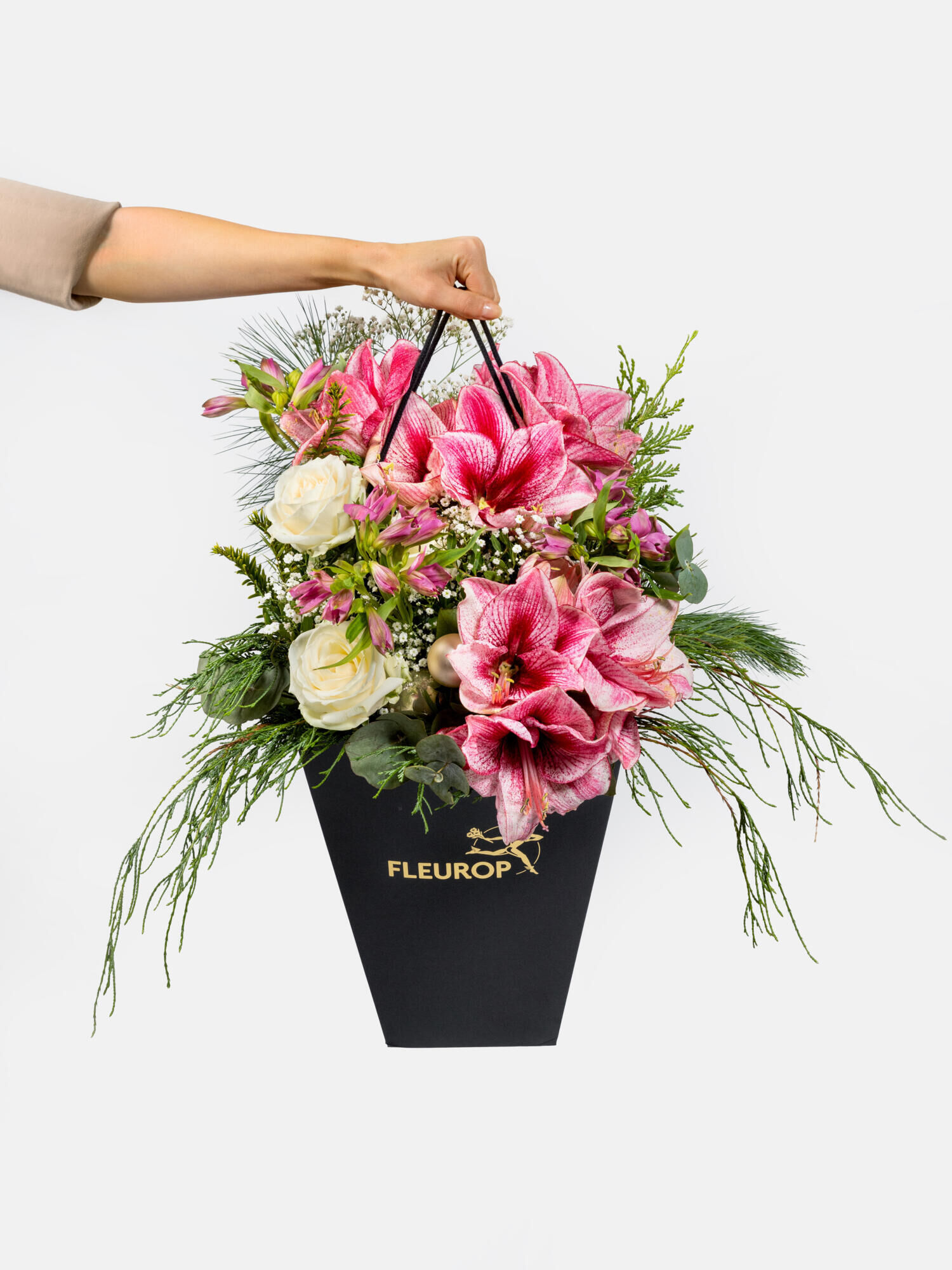 Christkind - Hauptblüte: Alstromerien, Amaryllis, Rosen - Hauptfarbe: Pink, Rosa, Weiß