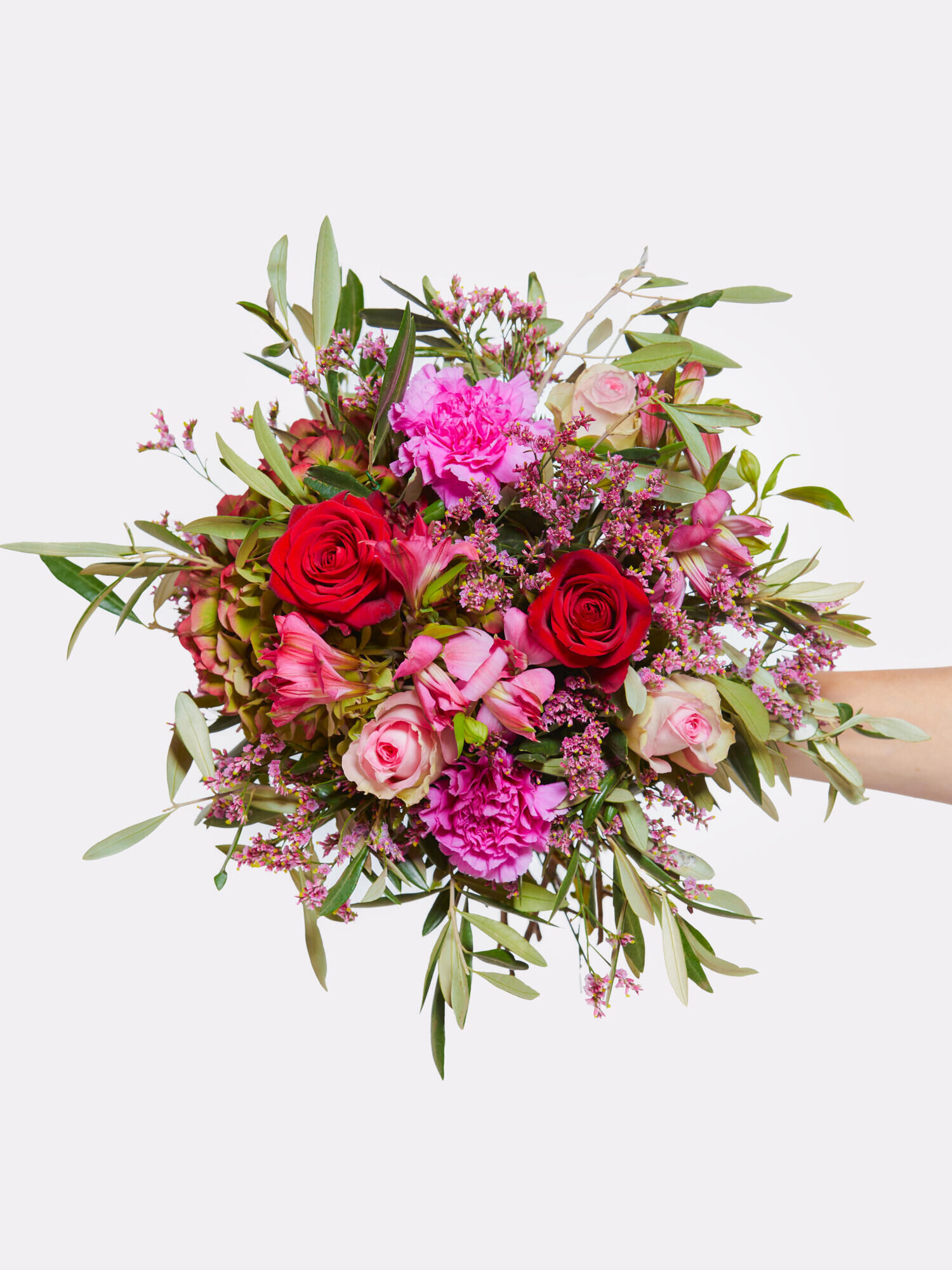 Blütenwunder - Hauptblüte: Alstromerien, Hortensien, Nelken, Rosen - Hauptfarbe: Pink, Rosa, Rot