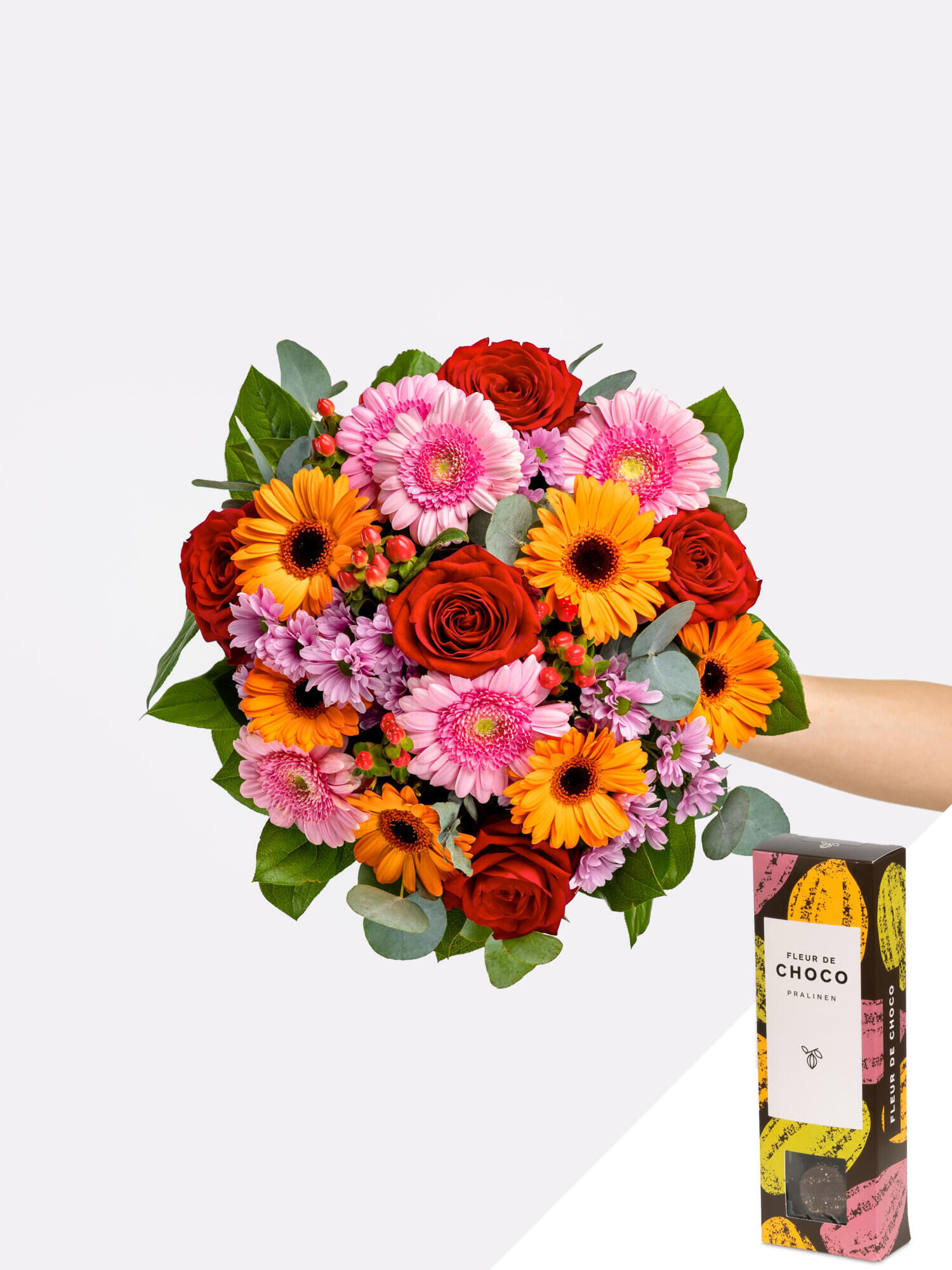1000 Wünsche mit Fleur de Choco - Hauptblüte: Chrysanthemen, Germini, Rosen - Hauptfarbe: Orange, Rosa, Rot