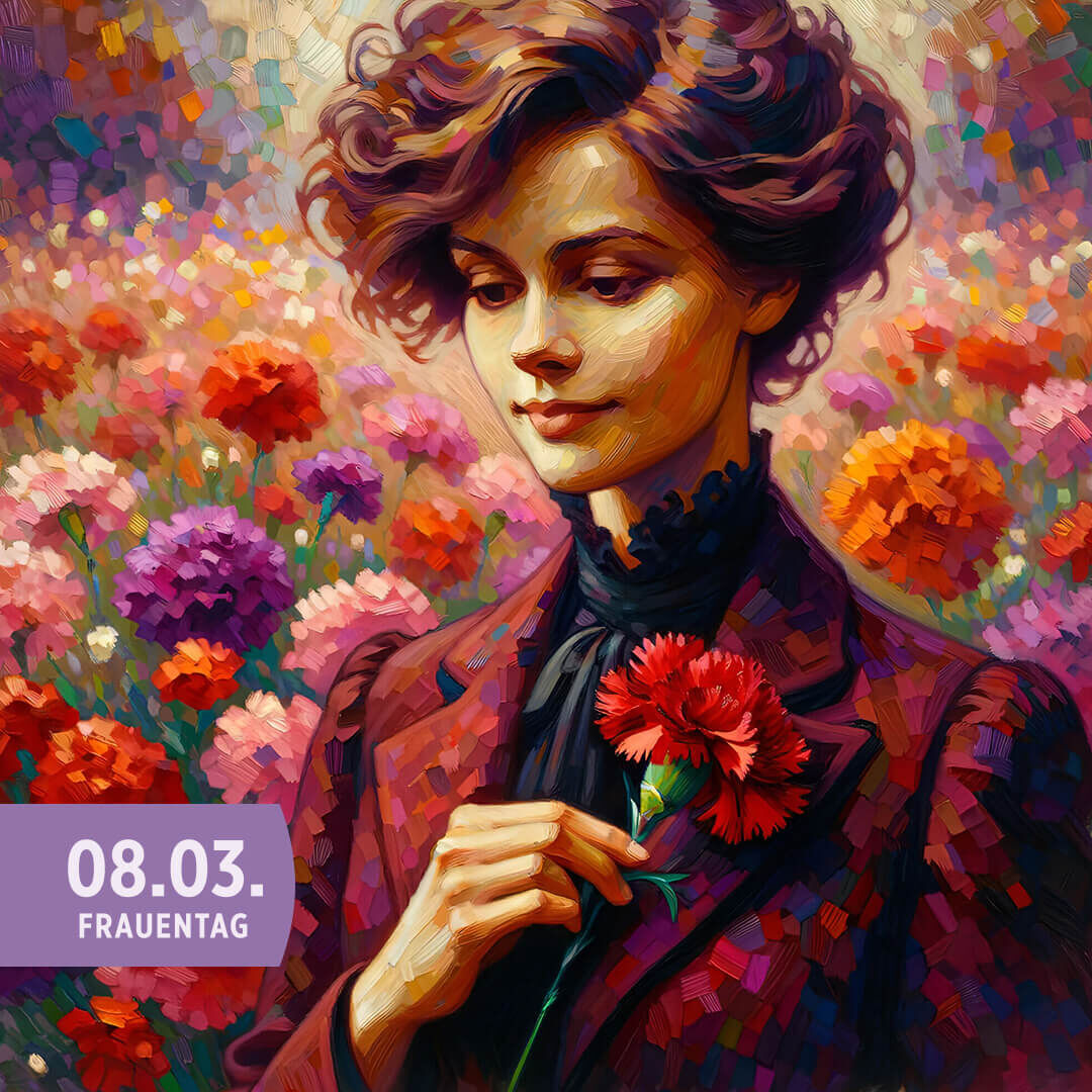 KI generiertes Bild von einer Frau mit einer Blume in der Hand, mit textlichem Hinweis auf den Frauentag am 8. März