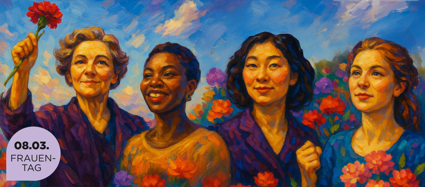 KI generiertes Bild von einer Frau mit einer Blume in der Hand, mit textlichem Hinweis auf den Frauentag am 8. März