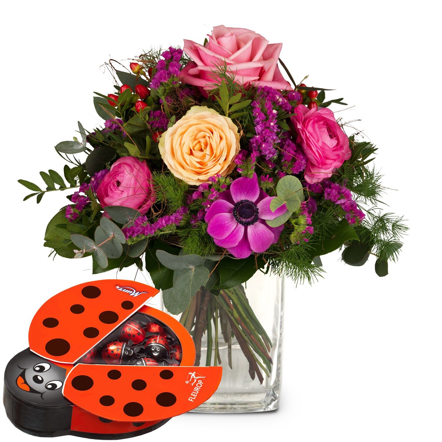 Flower bouquet Sweet Surprise with Munz chocolate ladybird