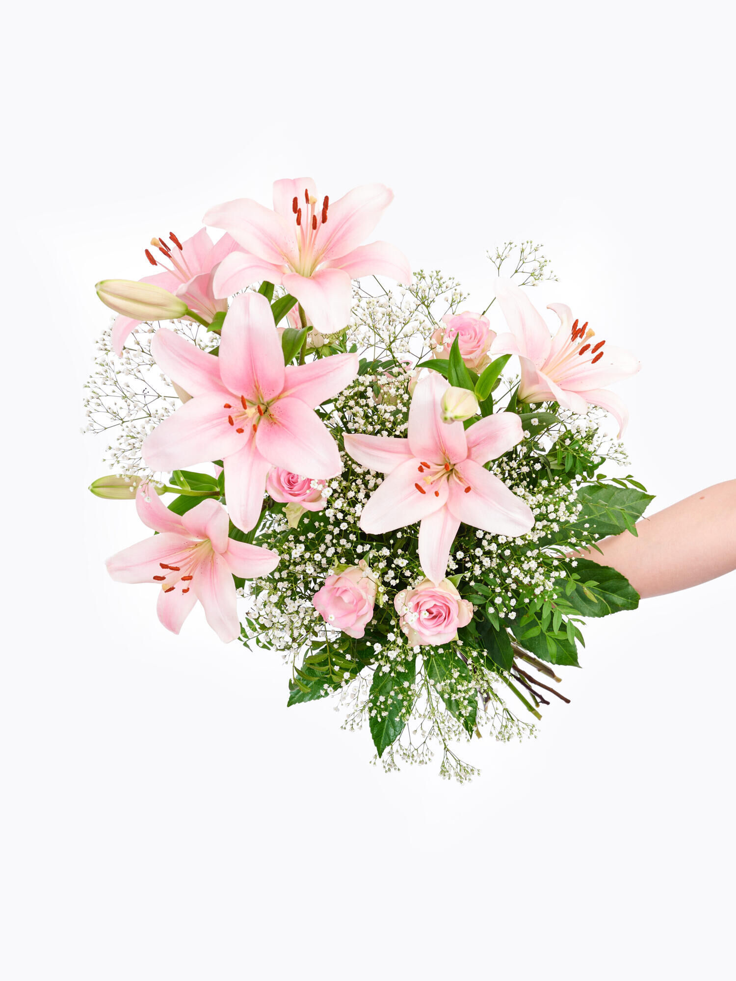 Strauß der Woche - Hauptblüte: Lilien, Rosen - Hauptfarbe: Rosa