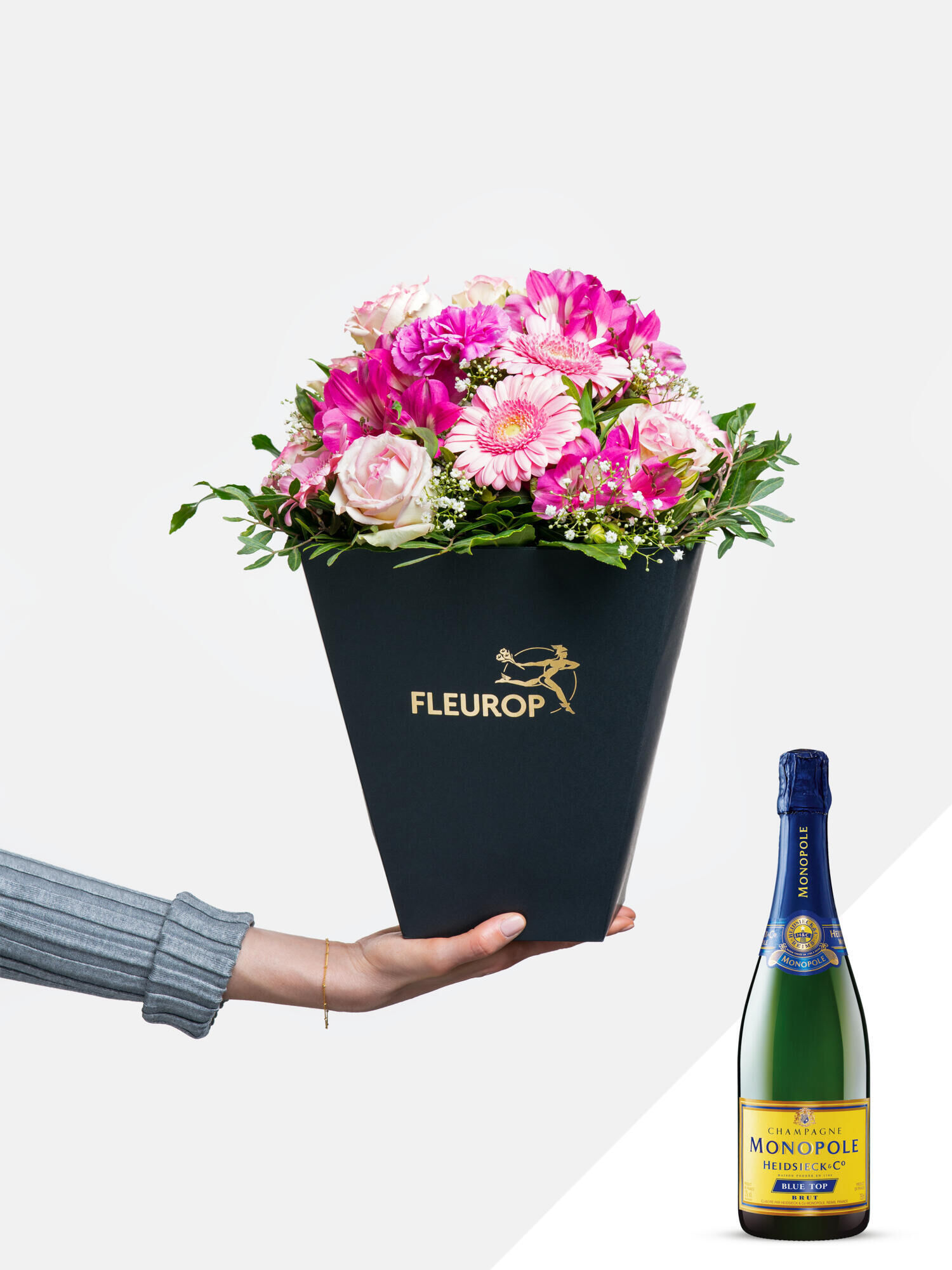 In Feierlaune mit Champagner - Hauptblüte: Alstromerien, Germini, Rosen - Hauptfarbe: Pink, Rosa