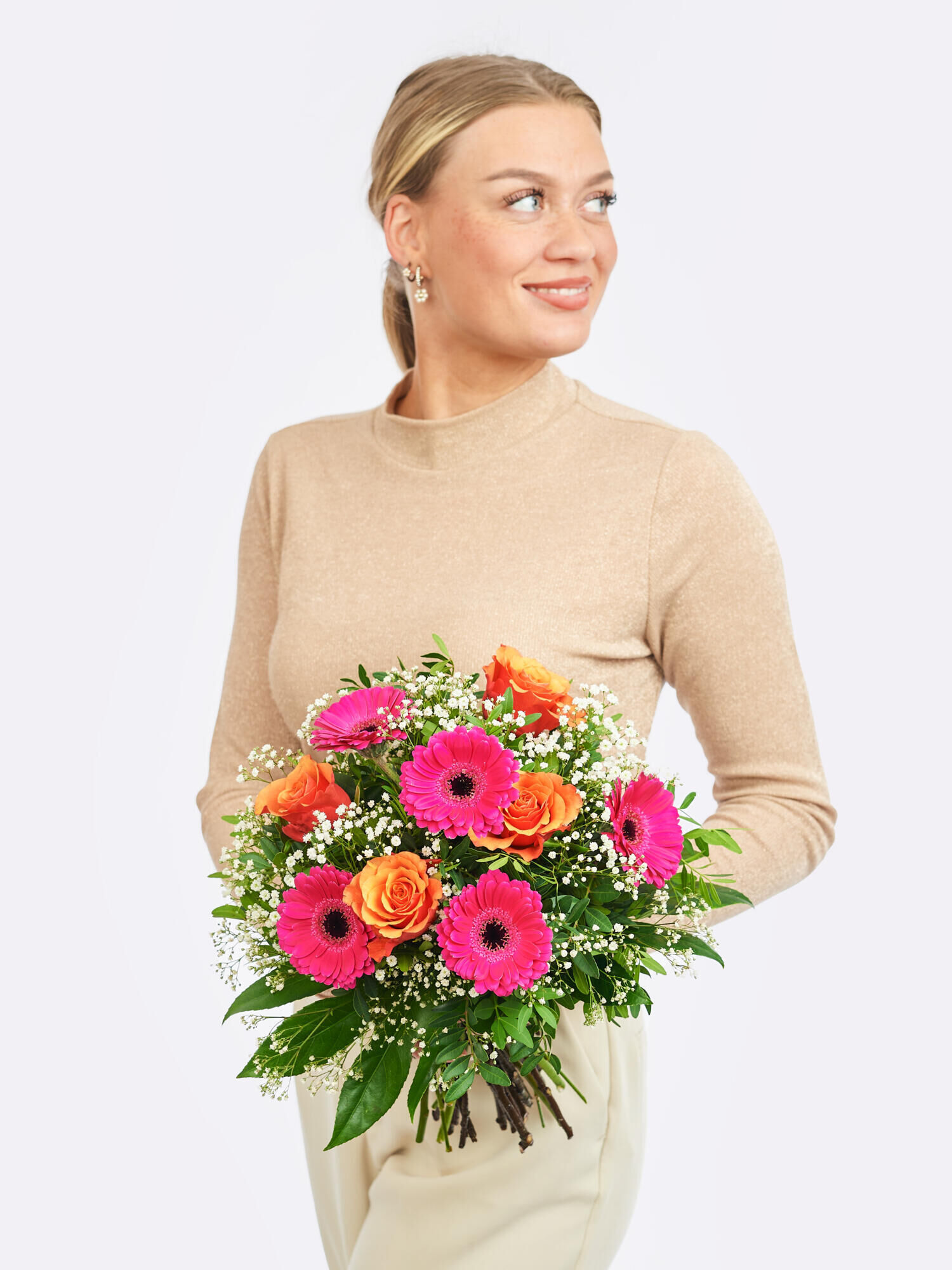 Strauß der Woche - Hauptblüte: Germini, Rosen - Hauptfarbe: Orange, Pink