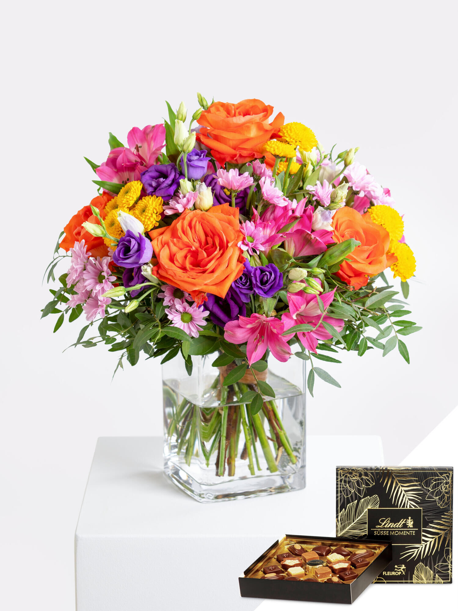 Sweet Birthday - Hauptblüte: Alstromerien, Rosen - Hauptfarbe: Bunt, Gelb, Orange, Pink, Violett