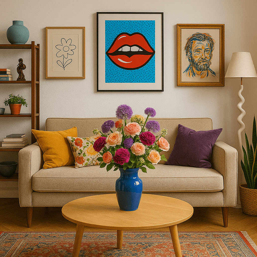Persönlich gestaltetes Wohnzimmer mit Pop-Art-Kunst, bunten Kissen und einem ausdrucksstarken Blumenstrauß – der Einrichtungstrend 'Mut zur Persönlichkeit' in moderner Umsetzung.