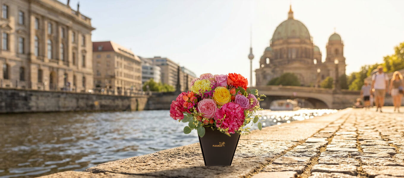 Bunter Blumenstrauß in einem schwarzen Becher mit der Aufschrift ‚Blumen to go. Freude für Dich!‘ von Fleurop, arrangiert mit Rosen, Lilien, Nelken und Lavendel, vor urbanem, unscharfem Hintergrund.