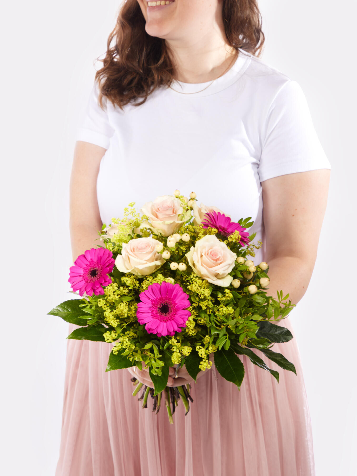 Strauß der Woche - Hauptblüte: Germini, Rosen - Hauptfarbe: Pink, Rosa
