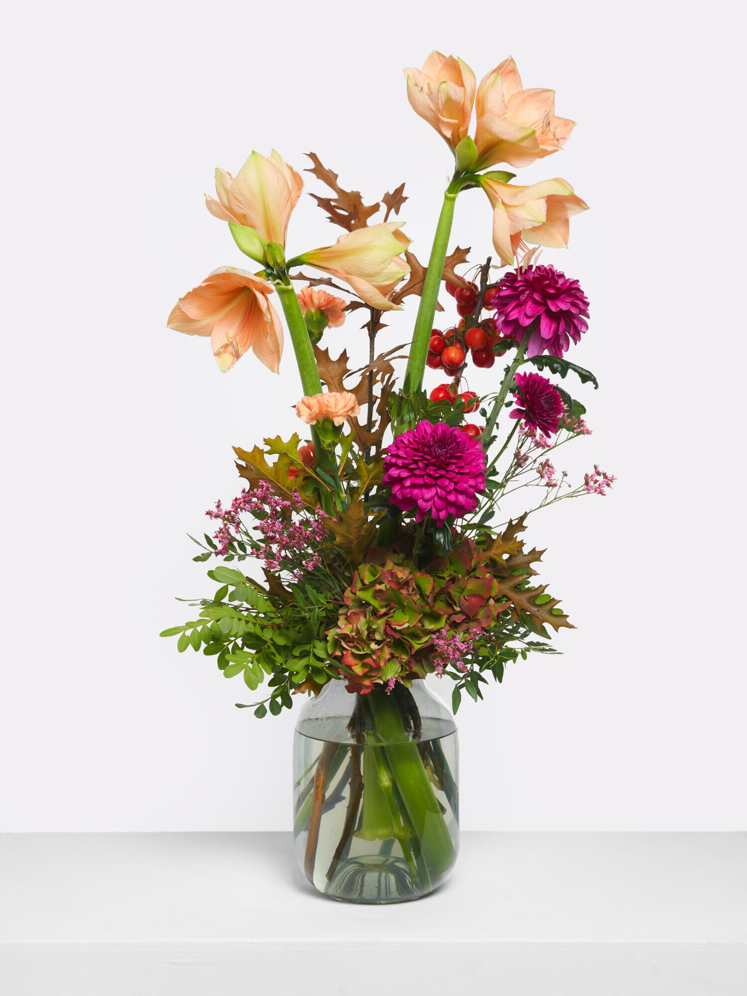 Festive Flower Greeting - Main Colors: APRICOT, PURPLE - Main Flowers: AMARYLLIS, CARNATIONS, CHRYSANTHEMA, HYDRANGEA