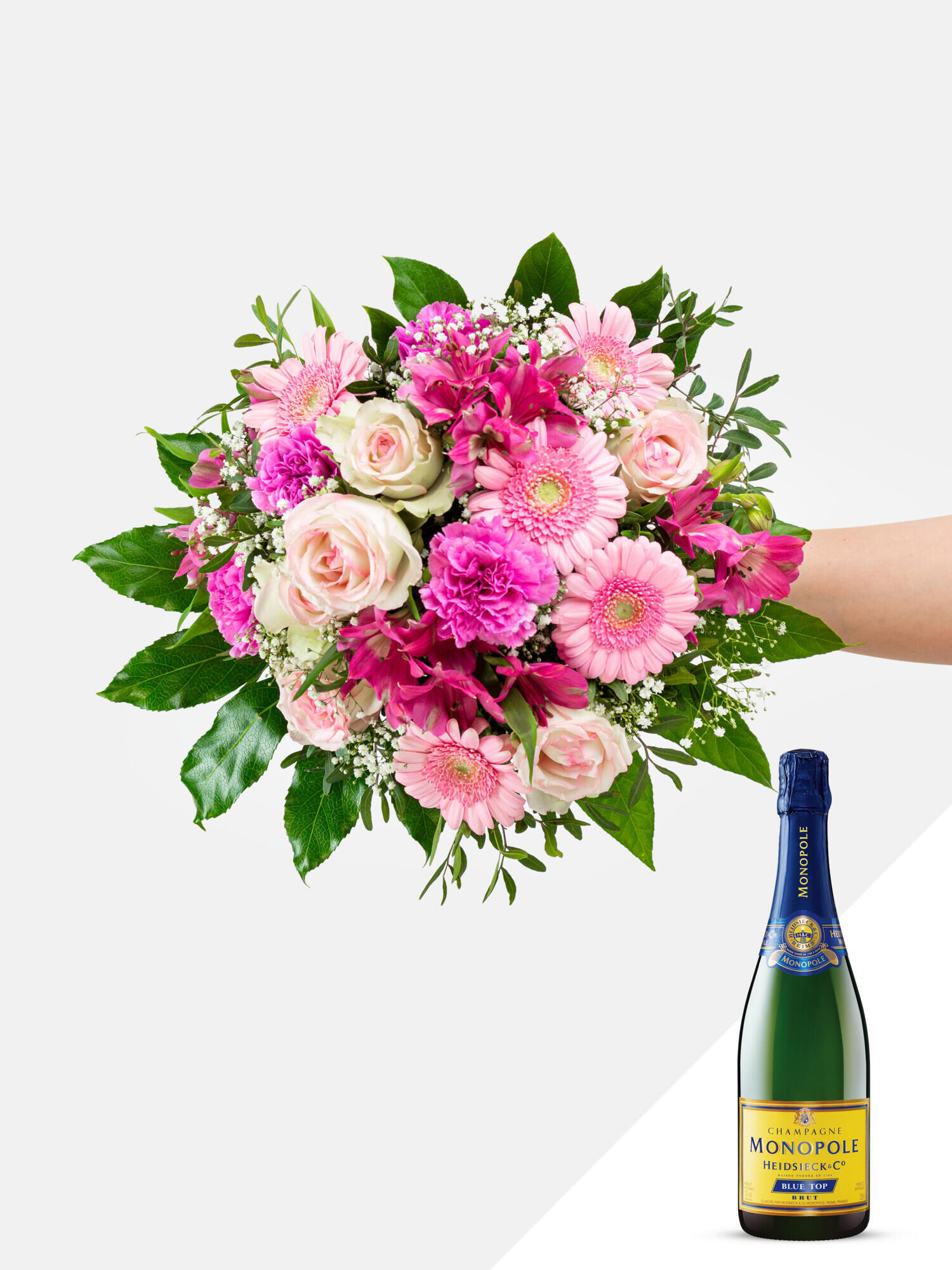 In Feierlaune mit Champagner - Hauptblüte: Alstromerien, Germini, Rosen - Hauptfarbe: Pink, Rosa
