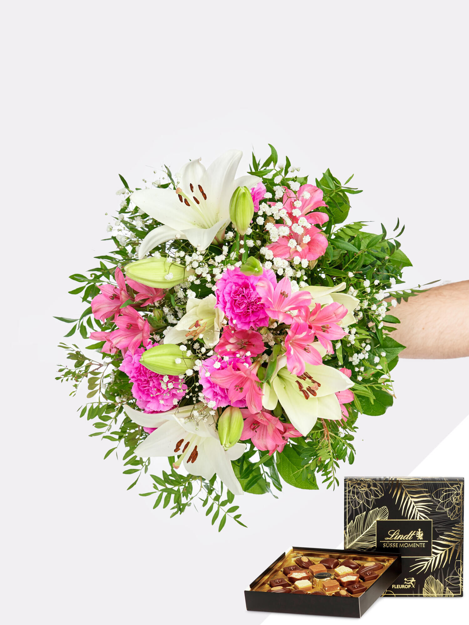 Fröhlich und aufgeweckt mit Lindt-Pralinen - Hauptblüte: Alstromerien, Lilien, Nelken - Hauptfarbe: Pink, Rosa, Weiß