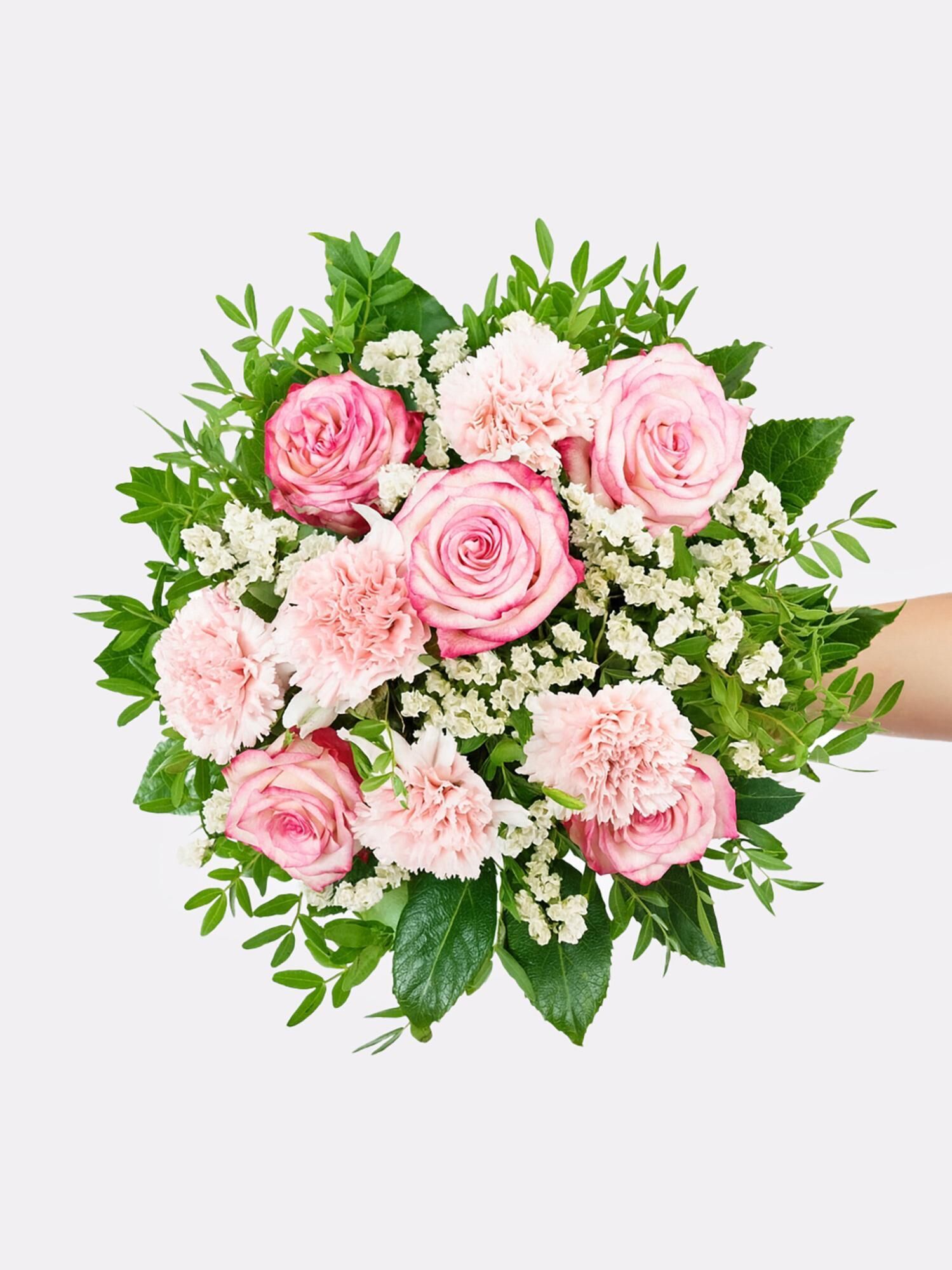 Strauß der Woche Strauß der Woche - Hauptblüte: Nelken, Rosen - Hauptfarbe: Rosa, Weiß