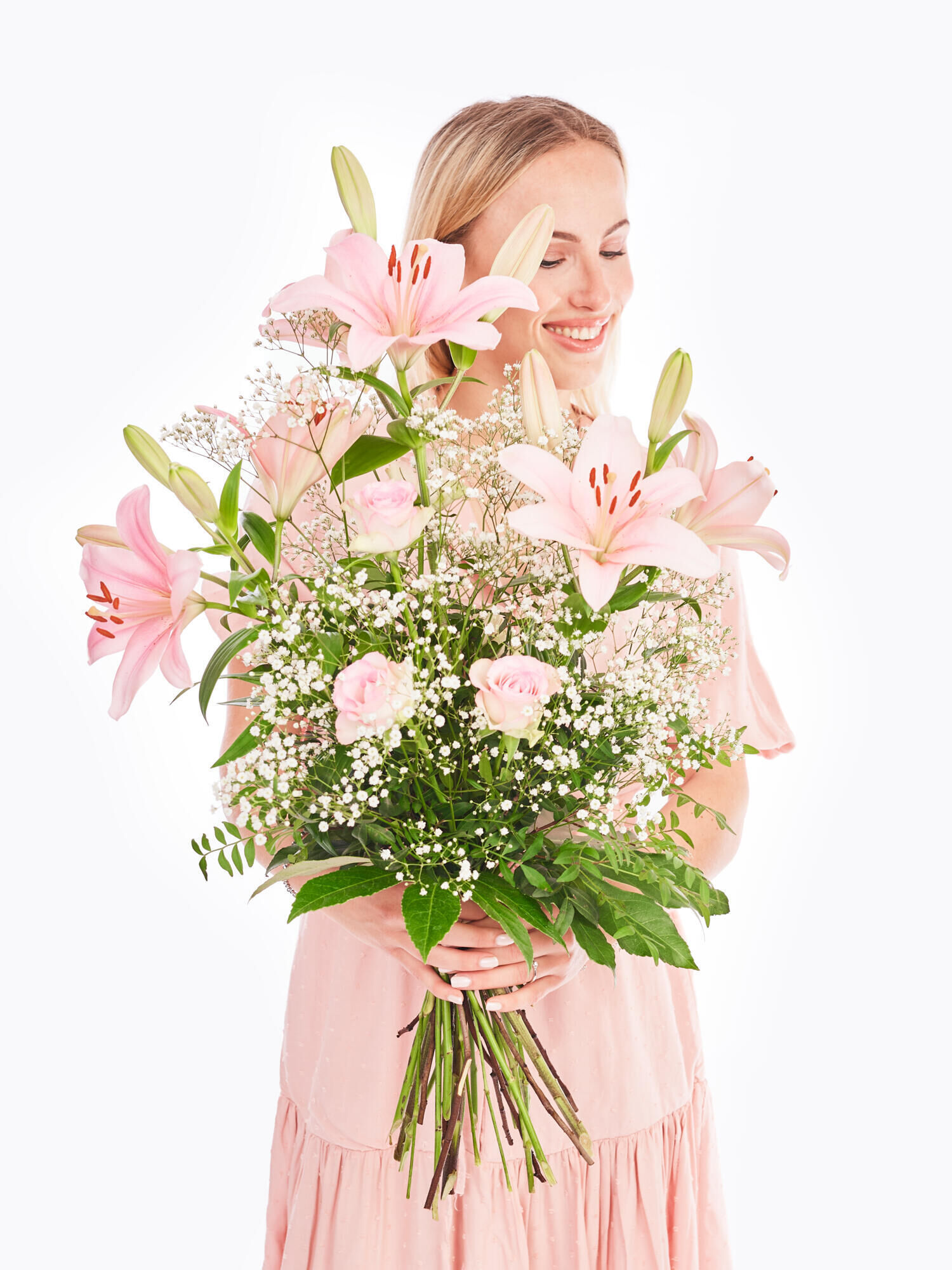 Strauß der Woche - Hauptblüte: Lilien, Rosen - Hauptfarbe: Rosa