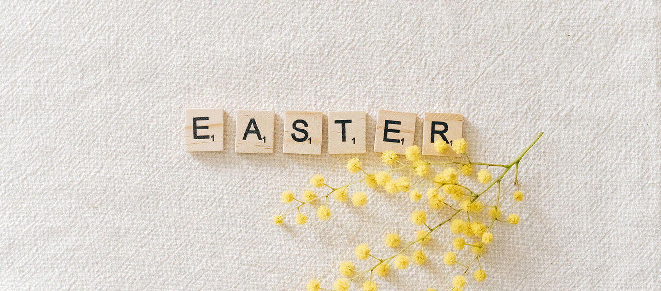 EASTER Schriftzug aus Holzbuchstaben mit gelben Mimosen als Osterdekoration im Frühling