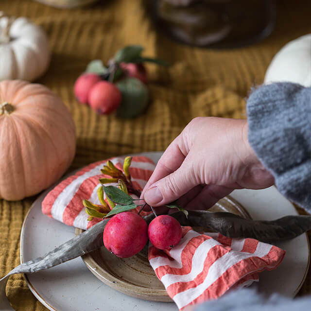 Servietten-Deko mit roten Zieräpfeln auf herbstlichem Tisch