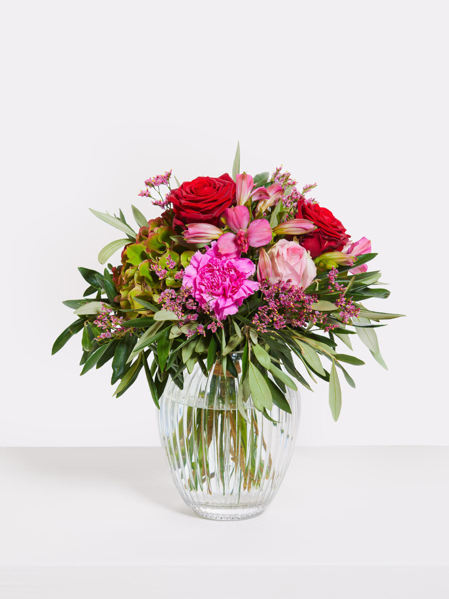 Blütenwunder - Hauptblüte: Alstromerien, Hortensien, Nelken, Rosen - Hauptfarbe: Pink, Rosa, Rot
