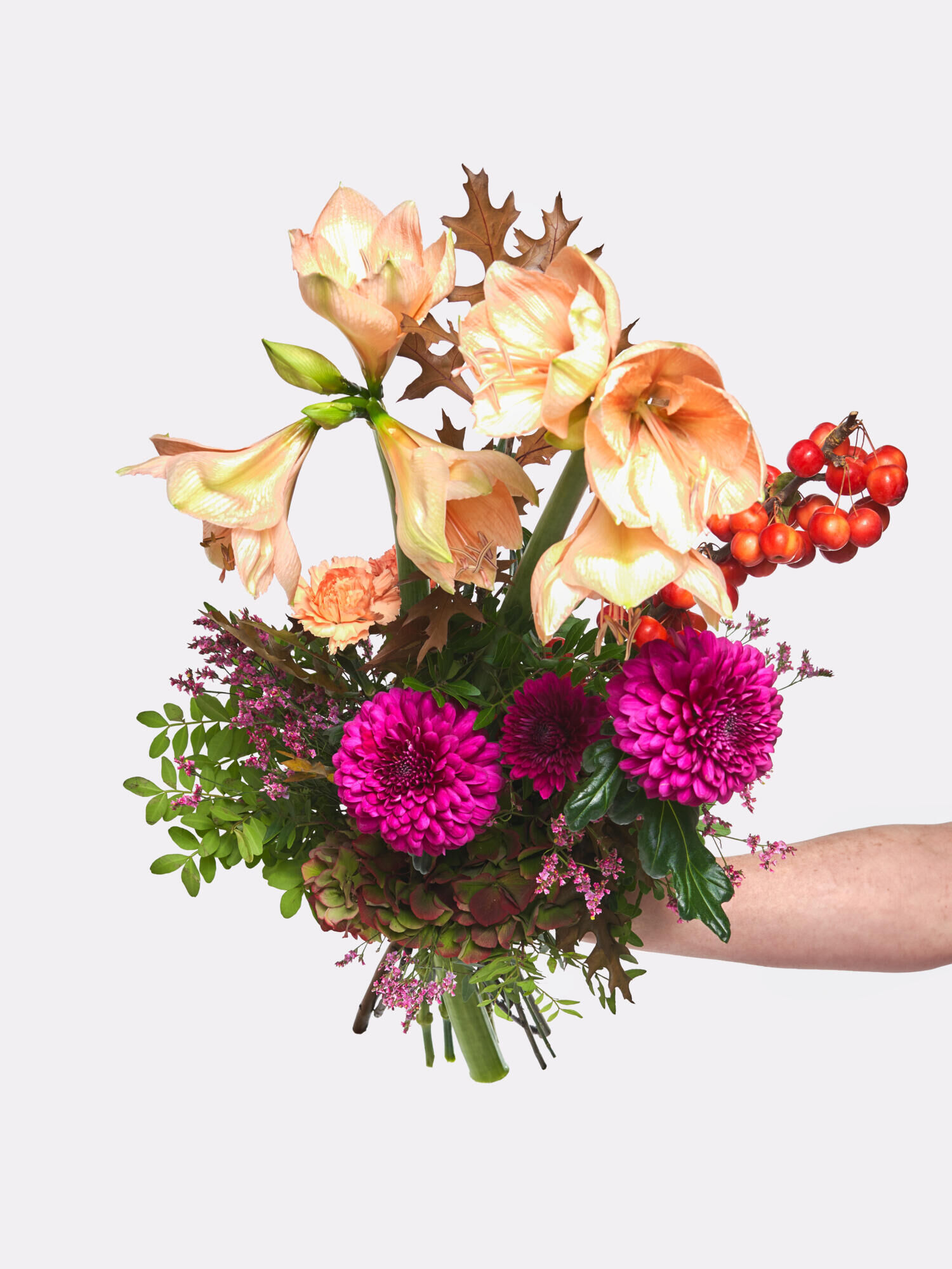 Festive Flower Greeting - Main Colors: APRICOT, PURPLE - Main Flowers: AMARYLLIS, CARNATIONS, CHRYSANTHEMA, HYDRANGEA