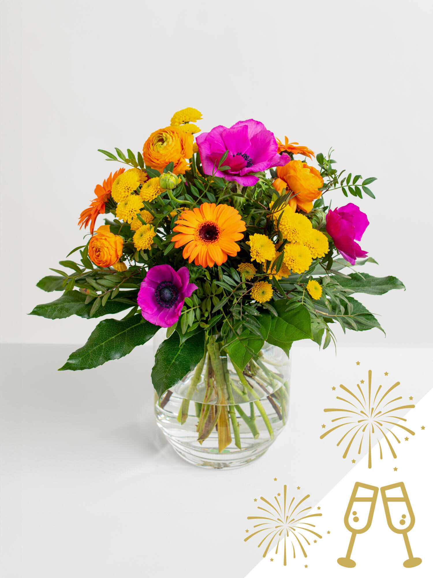 Frohes neues Jahr - Hauptblüte: Chrysanthemen, Germini, Ranunkeln - Hauptfarbe: Gelb, Orange, Pink