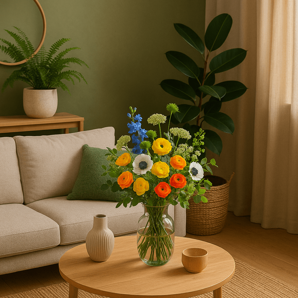 Natürlich eingerichtetes Wohnzimmer mit grüner Wand, hellbeigem Sofa und einem bunten Blumenstrauß als Mittelpunkt – Biophilic Design mit frischen Akzenten.