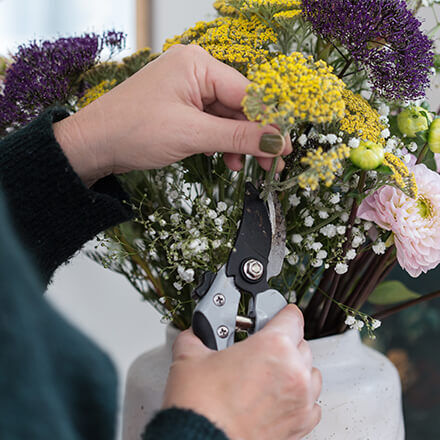 Eine Person schneidet mit einer Gartenschere Blumen von einem großen, bunten Strauß in einer Vase ab, um sie für das Trocknen vorzubereiten.