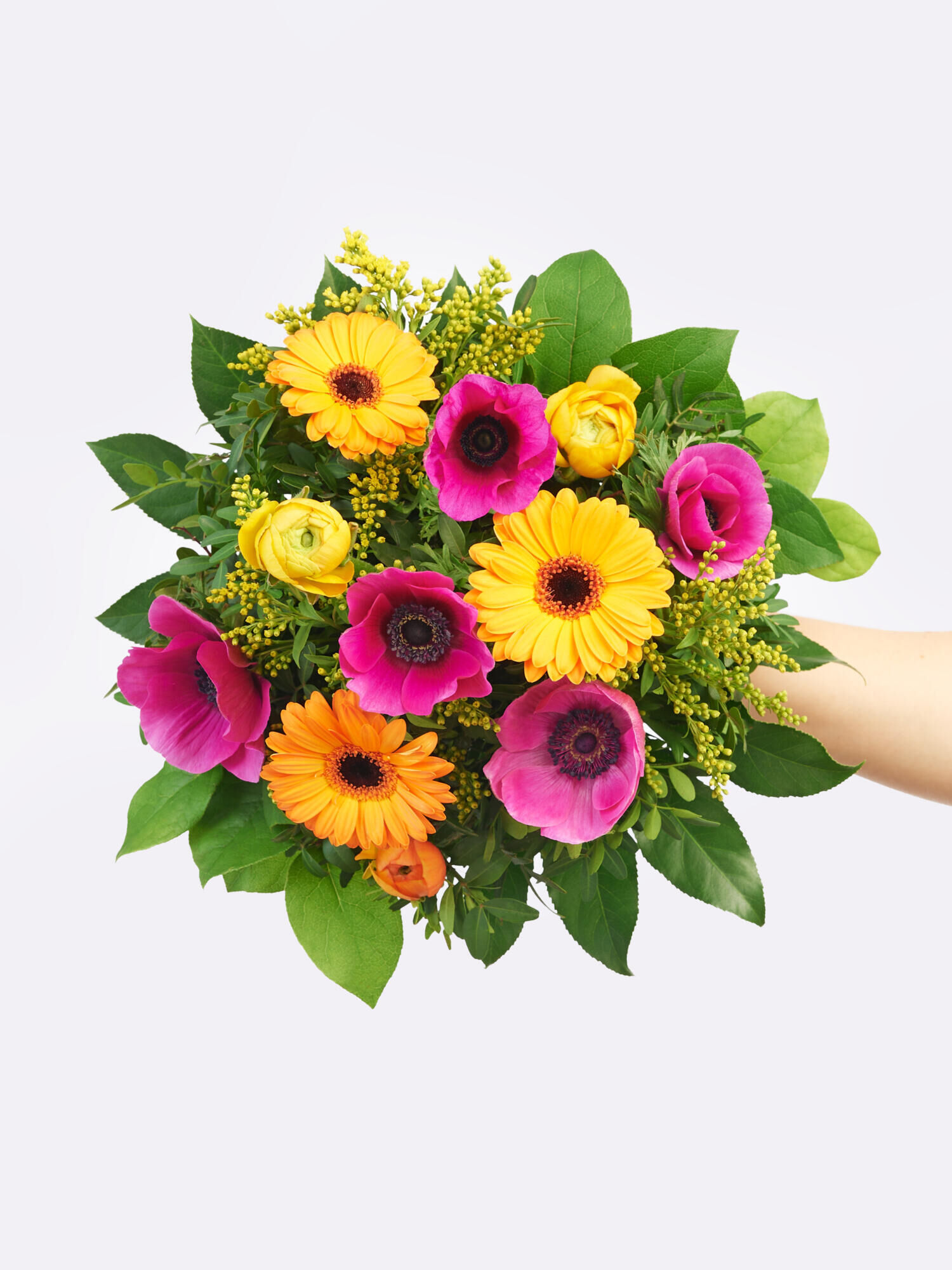 Sonnenkuss - Hauptblüte: Germini, Ranunkeln - Hauptfarbe: Gelb, Orange, Pink