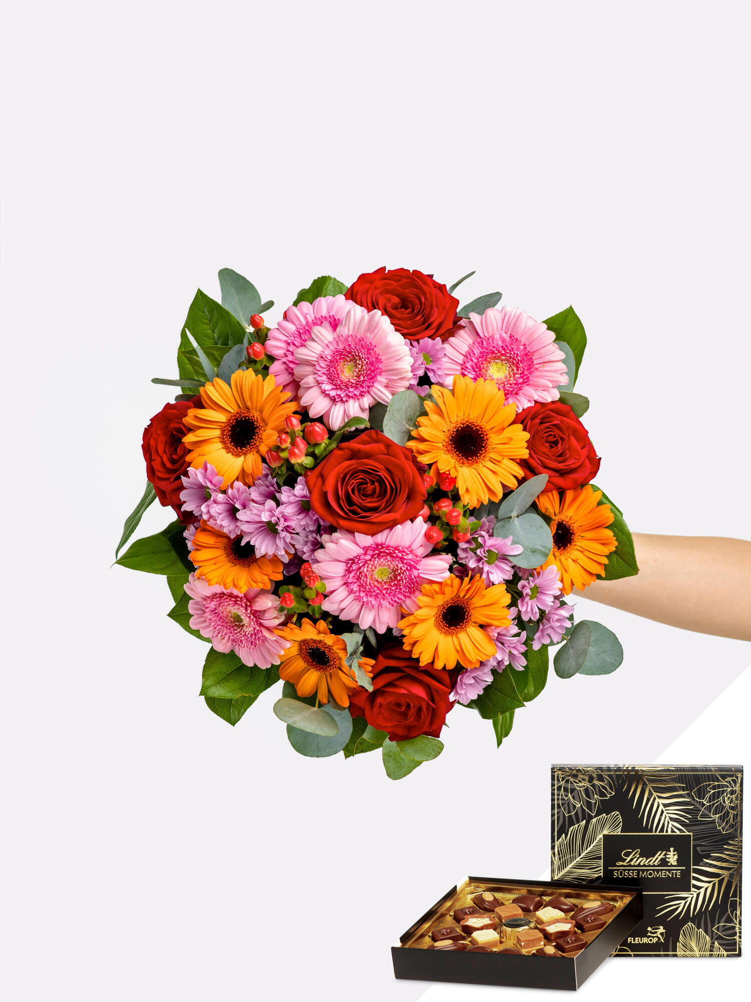 Süße Wertschätzung - Hauptblüte: Chrysanthemen, Germini, Rosen - Hauptfarbe: Orange, Rosa, Rot