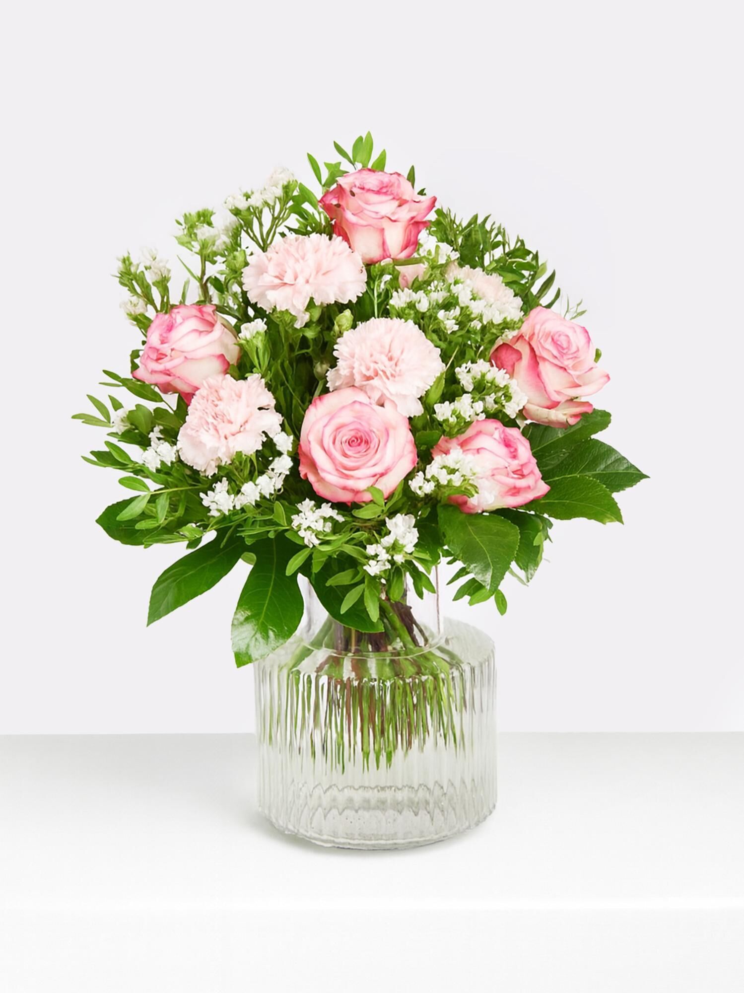 Strauß der Woche Strauß der Woche - Hauptblüte: Nelken, Rosen - Hauptfarbe: Rosa, Weiß
