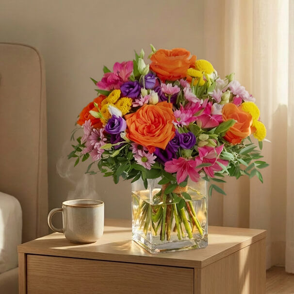 Bunter Blumenstrauß mit Rosen und pinken Blüten als fröhliches Geschenk für Gute Besserung Wünsche