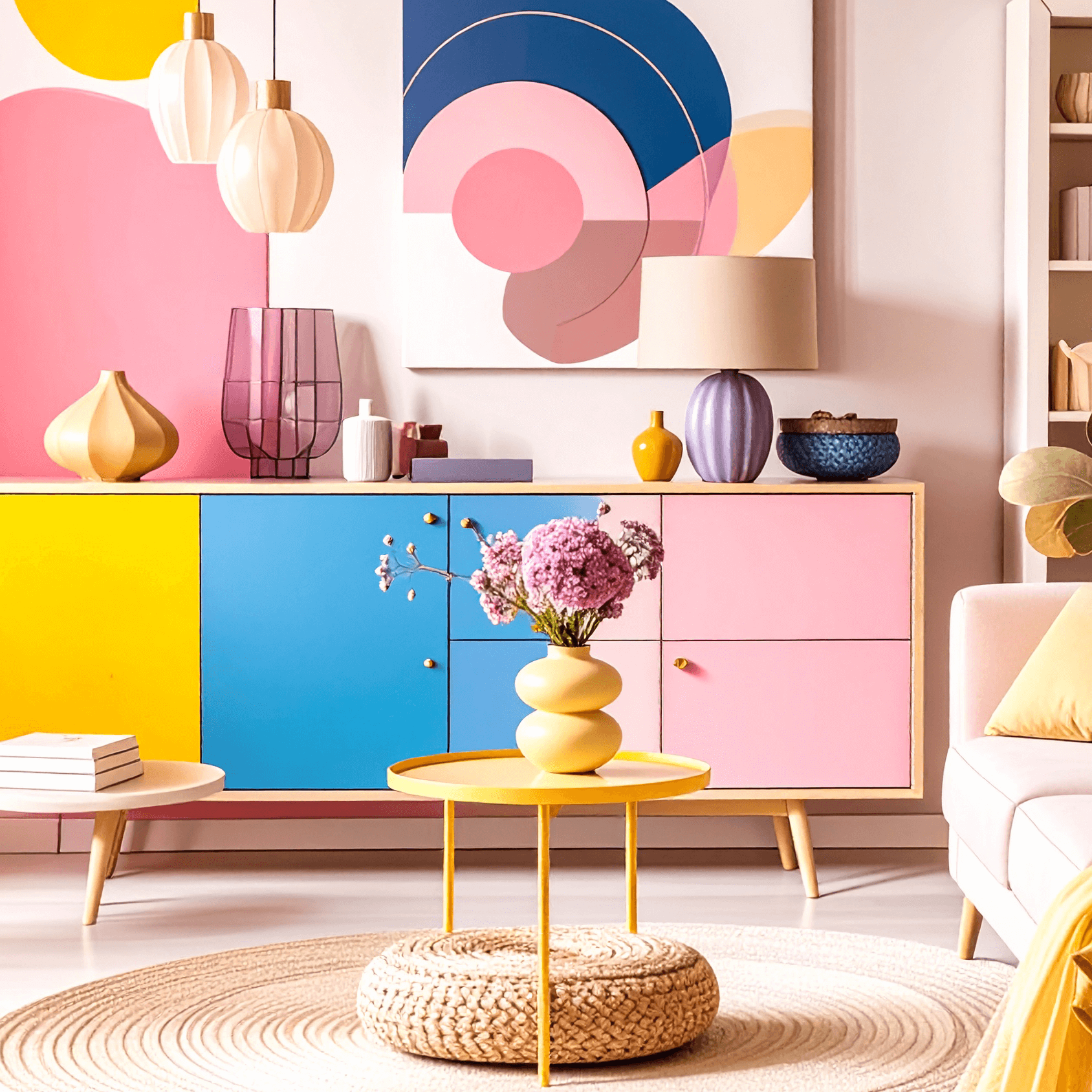 Dopamine Decor Farbenfrohes Interior mit geometrischer Wandkunst, pastelligen Möbeln und knalligen Farbakzenten – typisches Beispiel für den Wohntrend Dopamine Decor.