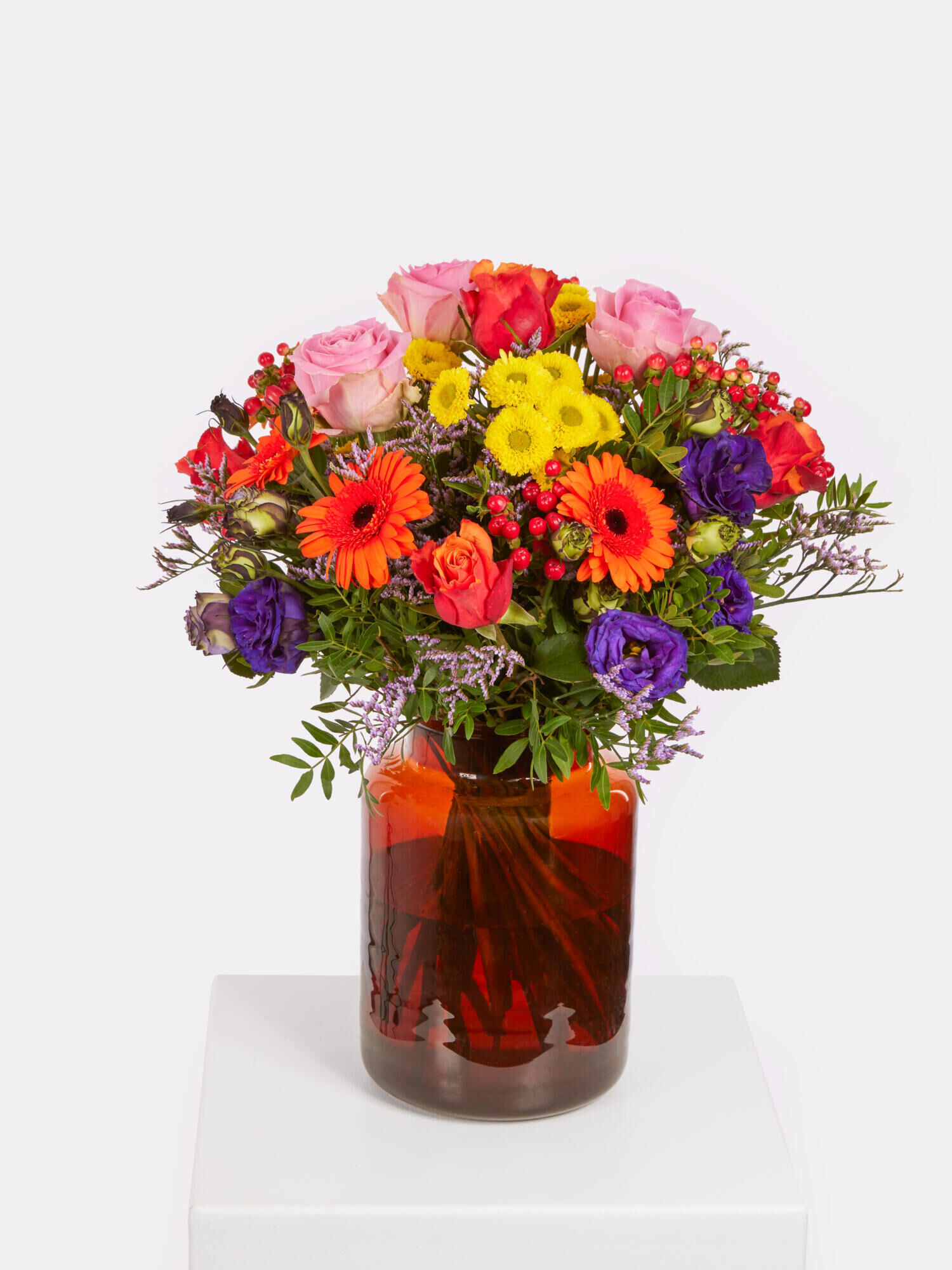 Geburtstagsgruß - Hauptblüte: Eustoma, Germini, Rosen - Hauptfarbe: Bunt