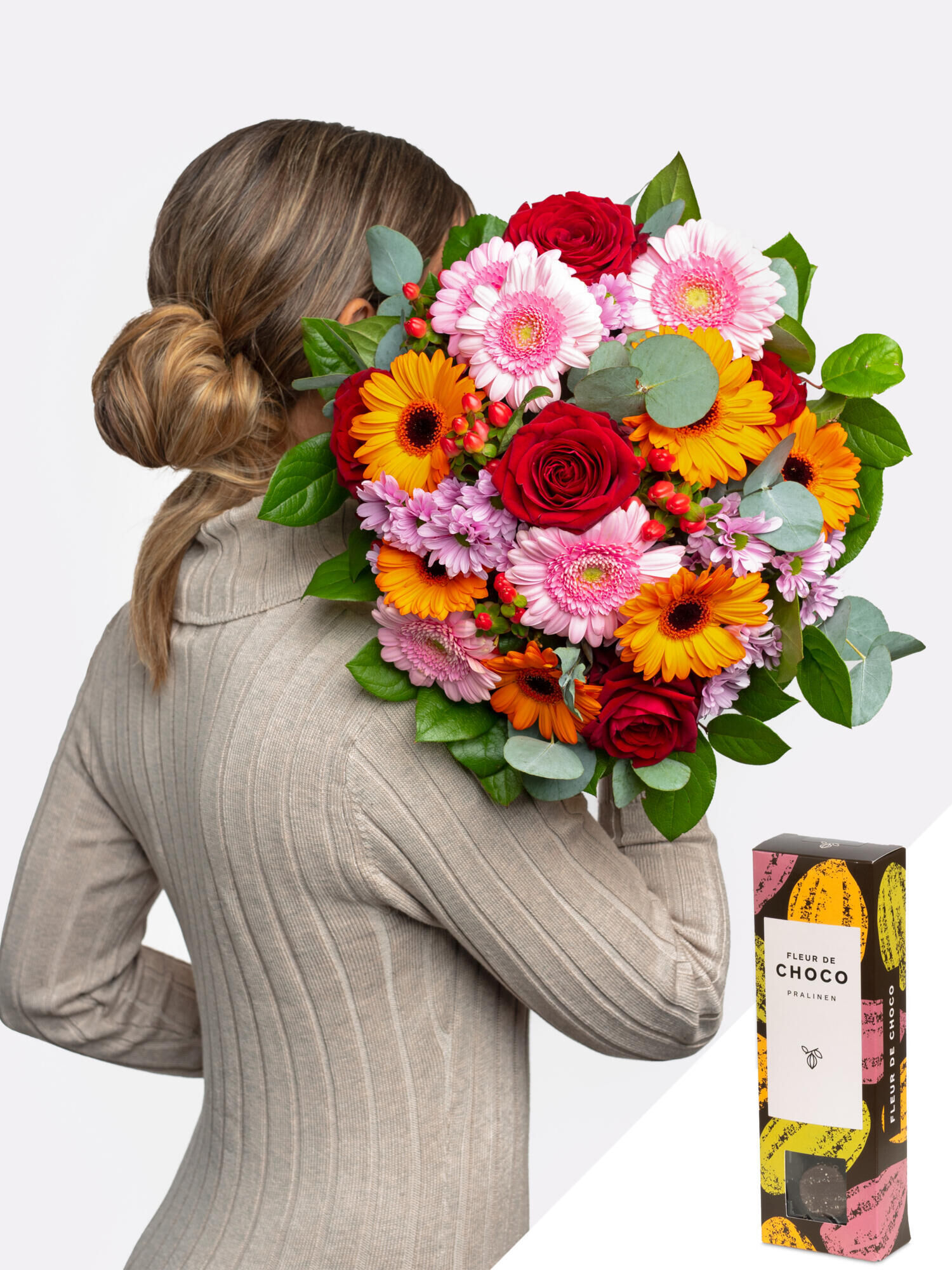 1000 Wünsche mit Fleur de Choco - Hauptblüte: Chrysanthemen, Germini, Rosen - Hauptfarbe: Orange, Rosa, Rot